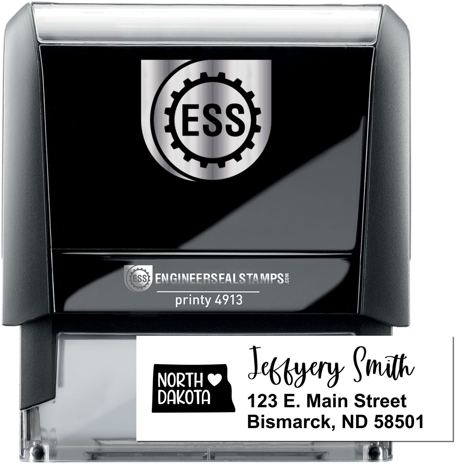 State Love of North Dakota Custom Address Stamp Self-Inking, featuring a sleek black design with North Dakota and a heart icon. Personalize with your address for efficient stamping.