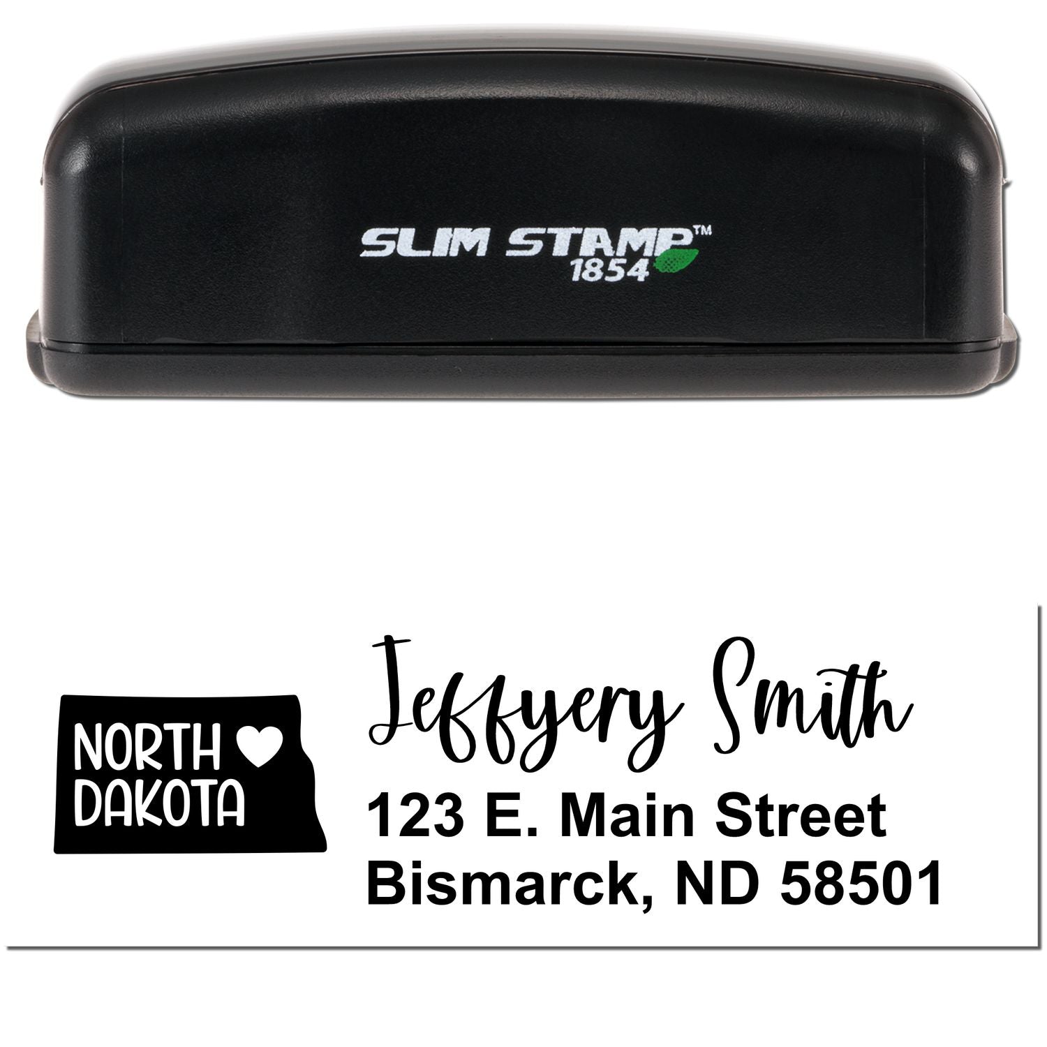 Image of a Slim North Dakota Custom Address Stamp for Envelopes, featuring a black casing and a sample address with a North Dakota state icon.