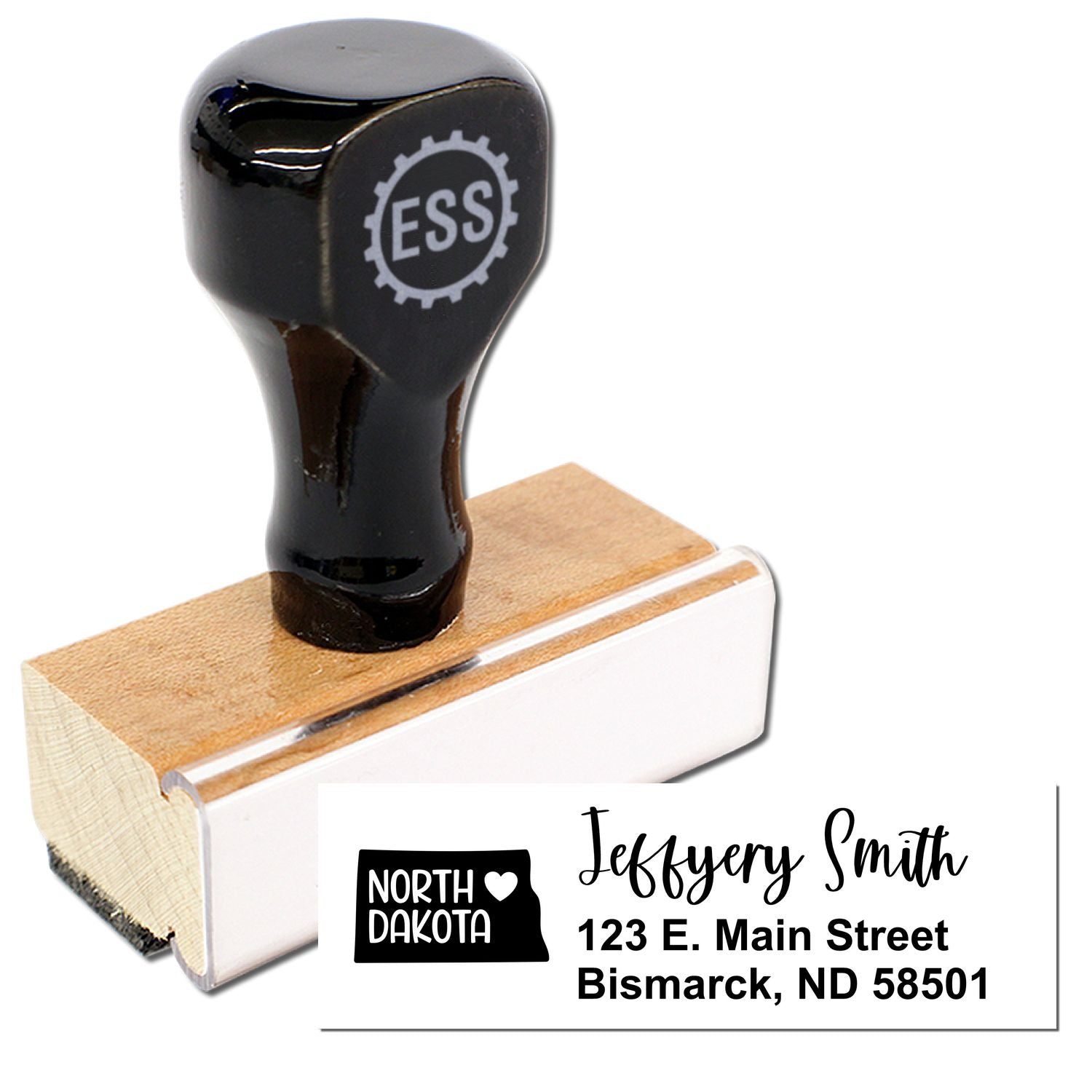 North Dakota State Love Personalized Address Stamp with a wooden handle and black top, featuring a custom address design for Jeffery Smith, 123 E. Main Street, Bismarck, ND 58501.