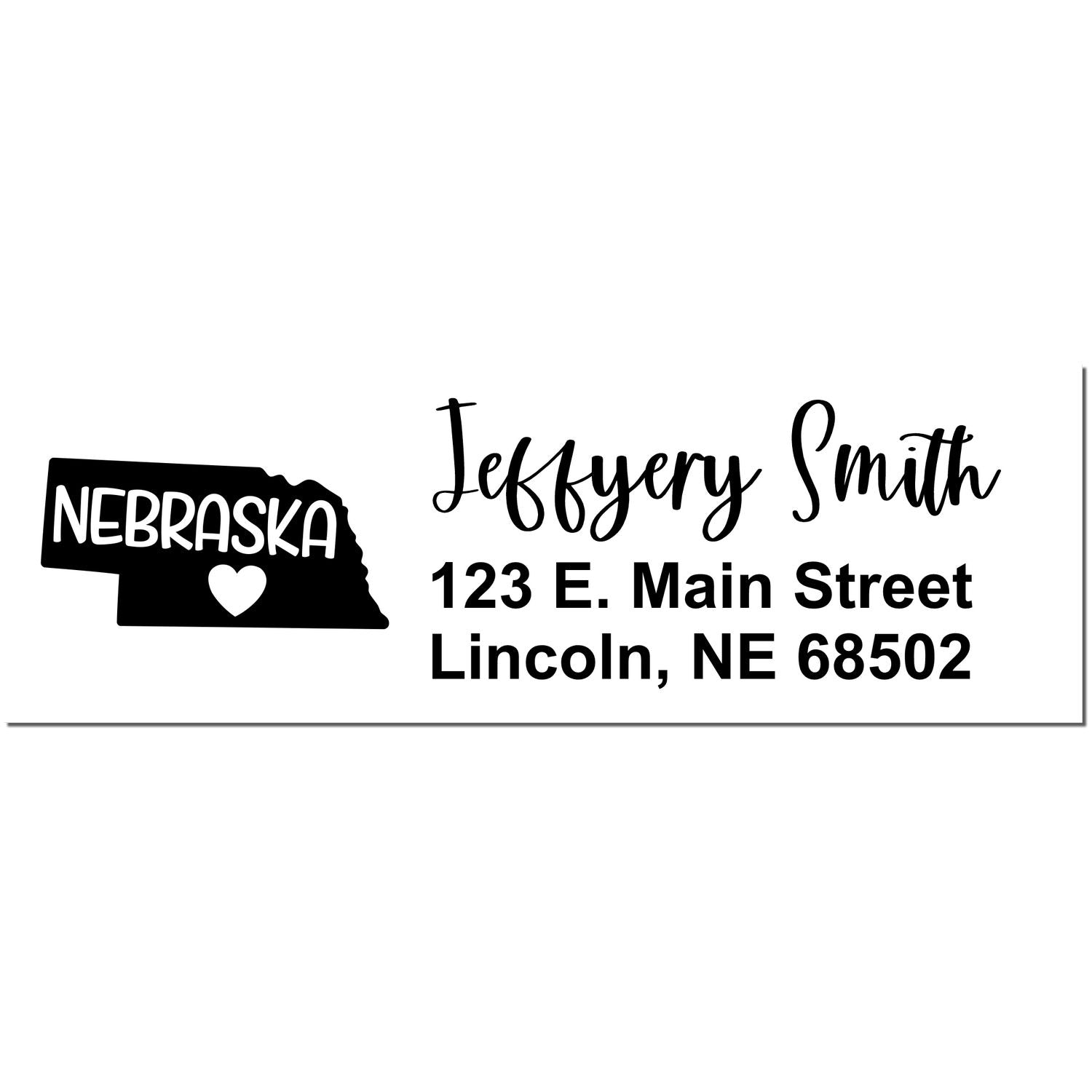 Nebraska State Love Personalized Address Stamp featuring a Nebraska state outline with a heart, and customizable text for name and address in a stylish font.