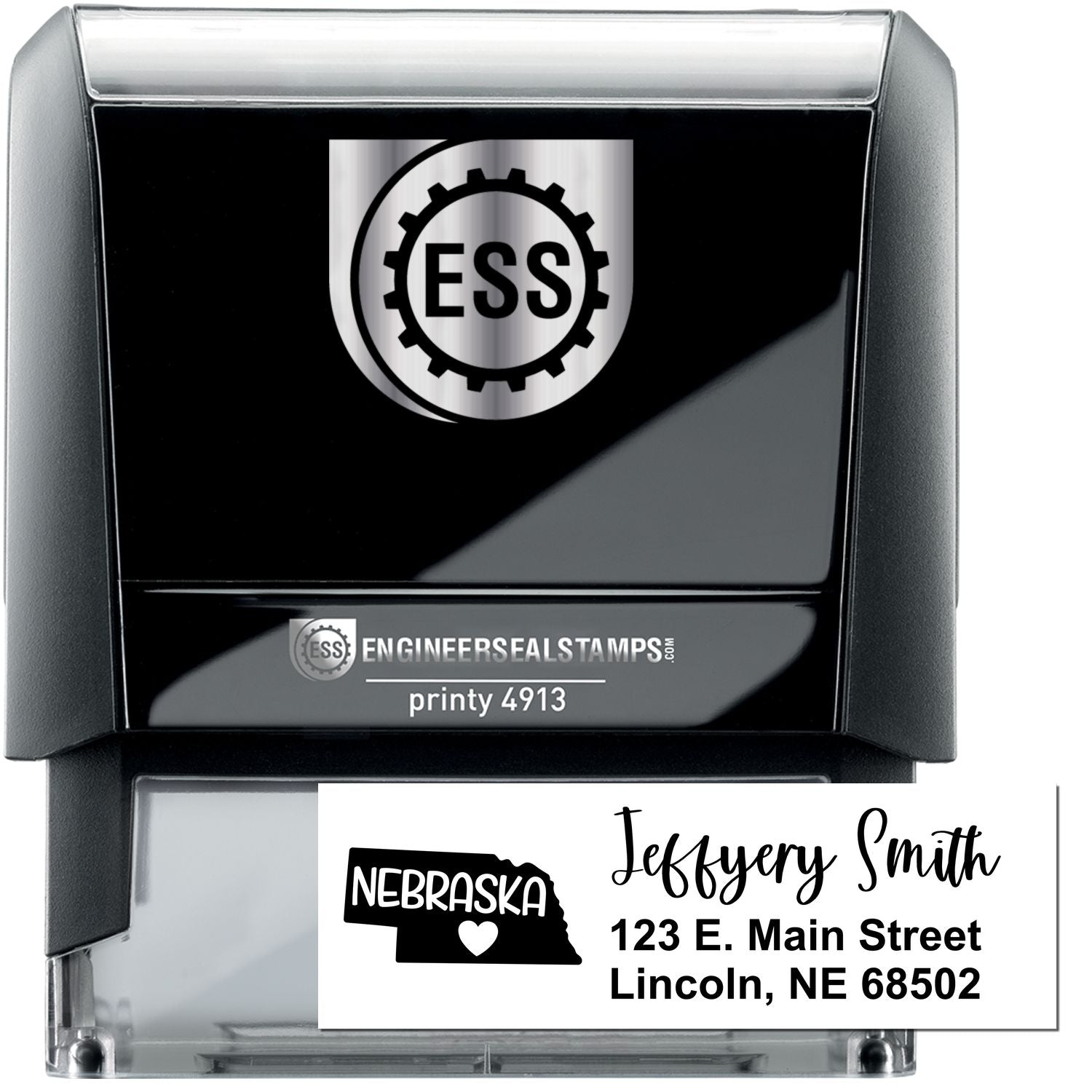 State Love of Nebraska Custom Address Stamp Self-Inking, featuring a Nebraska map design with a heart, personalized with Jeffery Smith, 123 E. Main Street, Lincoln, NE 68502.