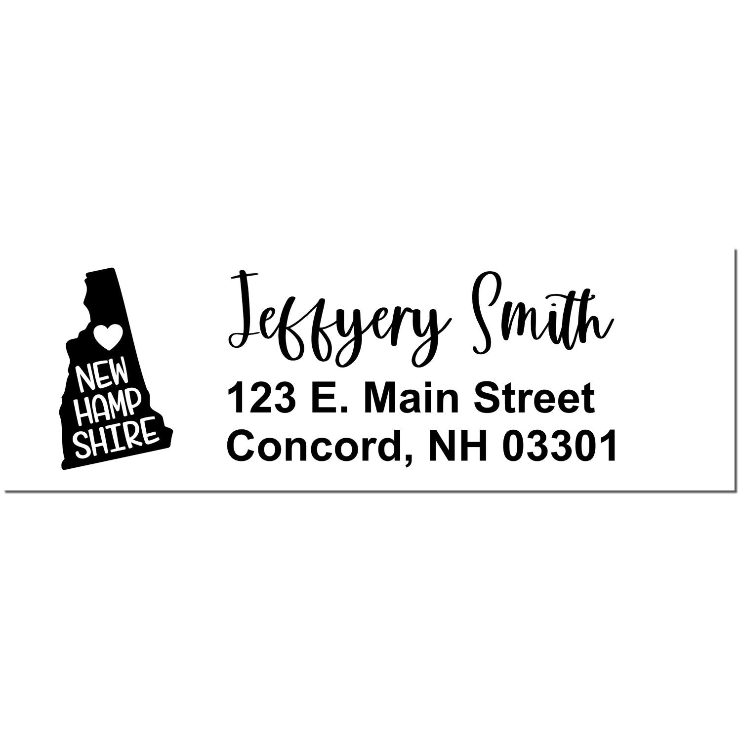 State Love of New Hampshire Custom Address Stamp Self-Inking with a heart design, personalized with Jeffyery Smith, 123 E. Main Street, Concord, NH 03301 in black ink.