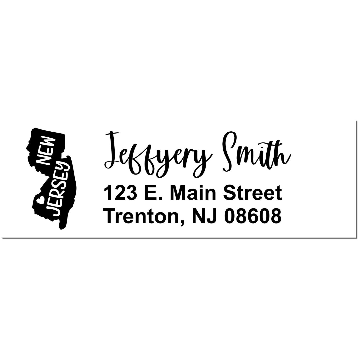 New Jersey State Love Personalized Address Stamp featuring a silhouette of New Jersey with a heart, alongside the name 'Jeffery Smith' and address in elegant script. Perfect for personalizing mail.