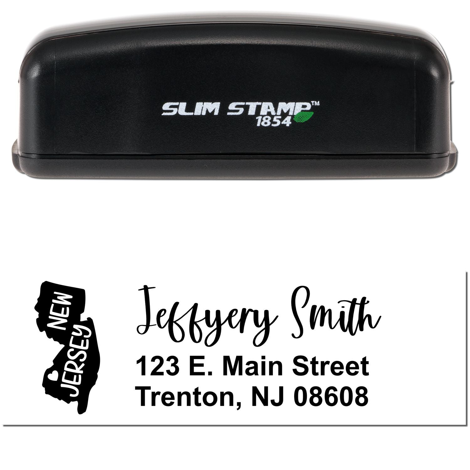 Slim New Jersey Custom Address Stamp for Envelopes, featuring a sleek black design with Slim Stamp 1854 branding. Includes a sample address with a New Jersey state outline graphic.