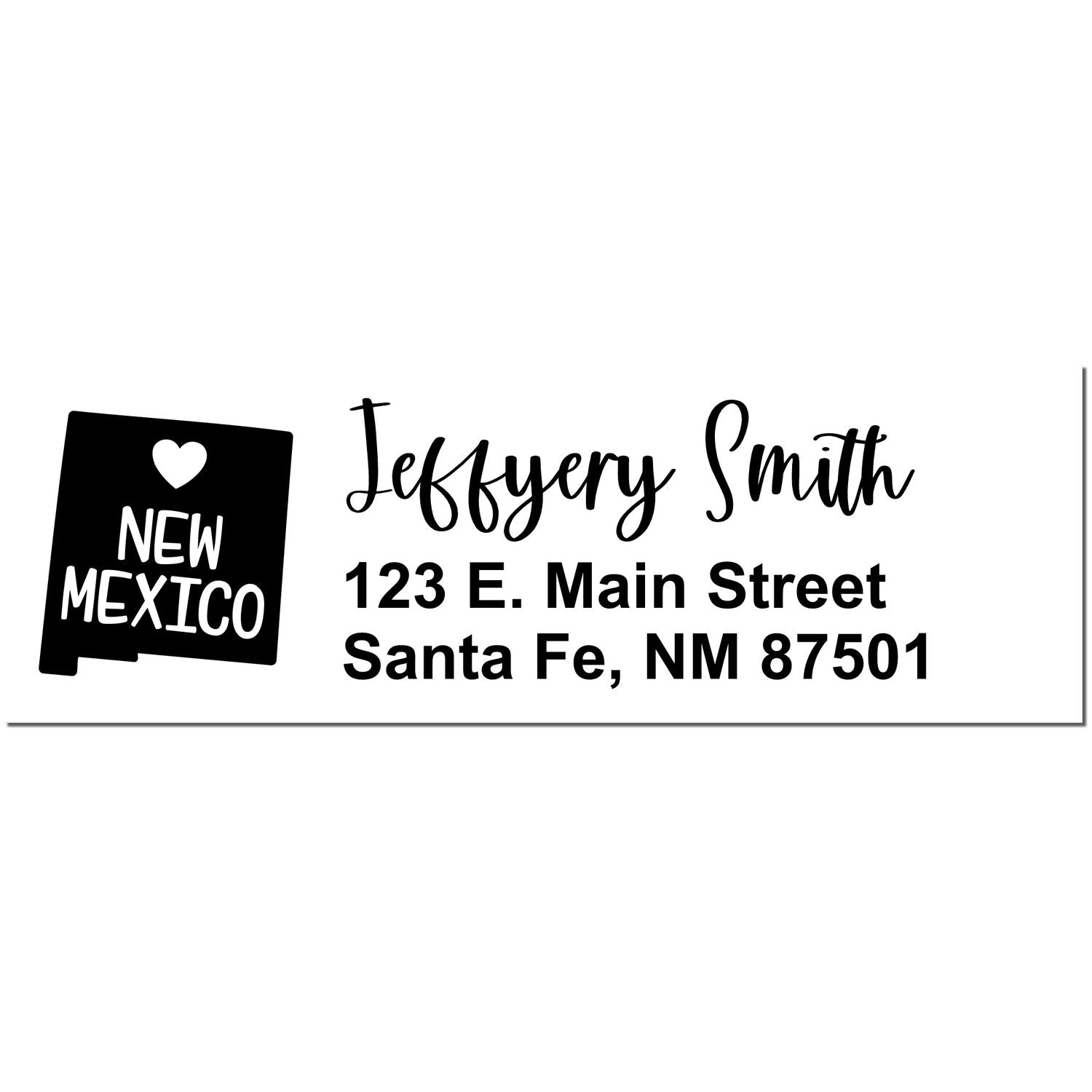 New Mexico State Love Personalized Address Stamp featuring a heart and state outline, with the name Jeffery Smith and address in elegant script. Perfect for adding a personal touch to mail.