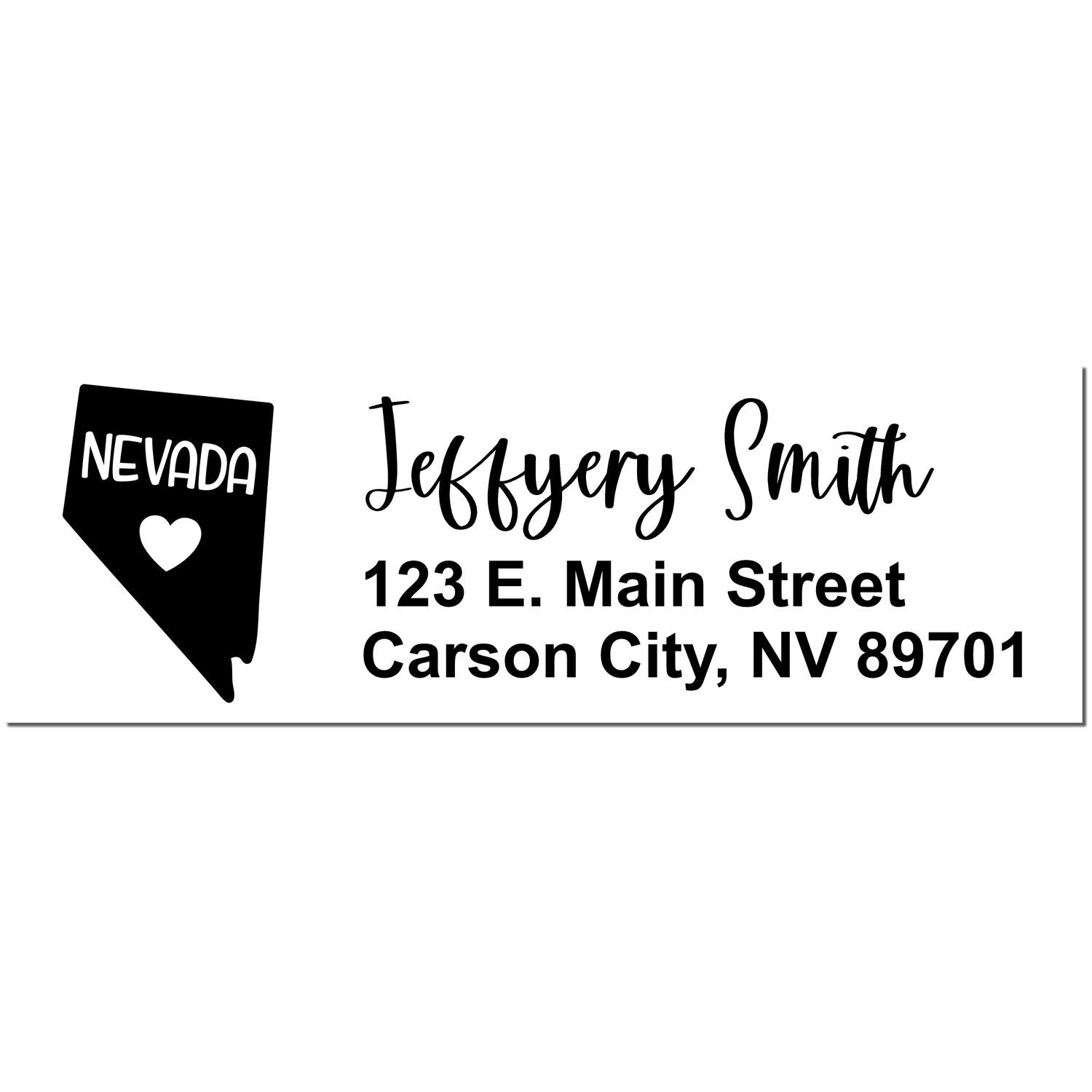 PSI Pre-Inked Nevada State Love Customized Address Stamp featuring a Nevada outline with a heart, personalized with Jeffery Smith, 123 E. Main Street, Carson City, NV 89701 in elegant script.