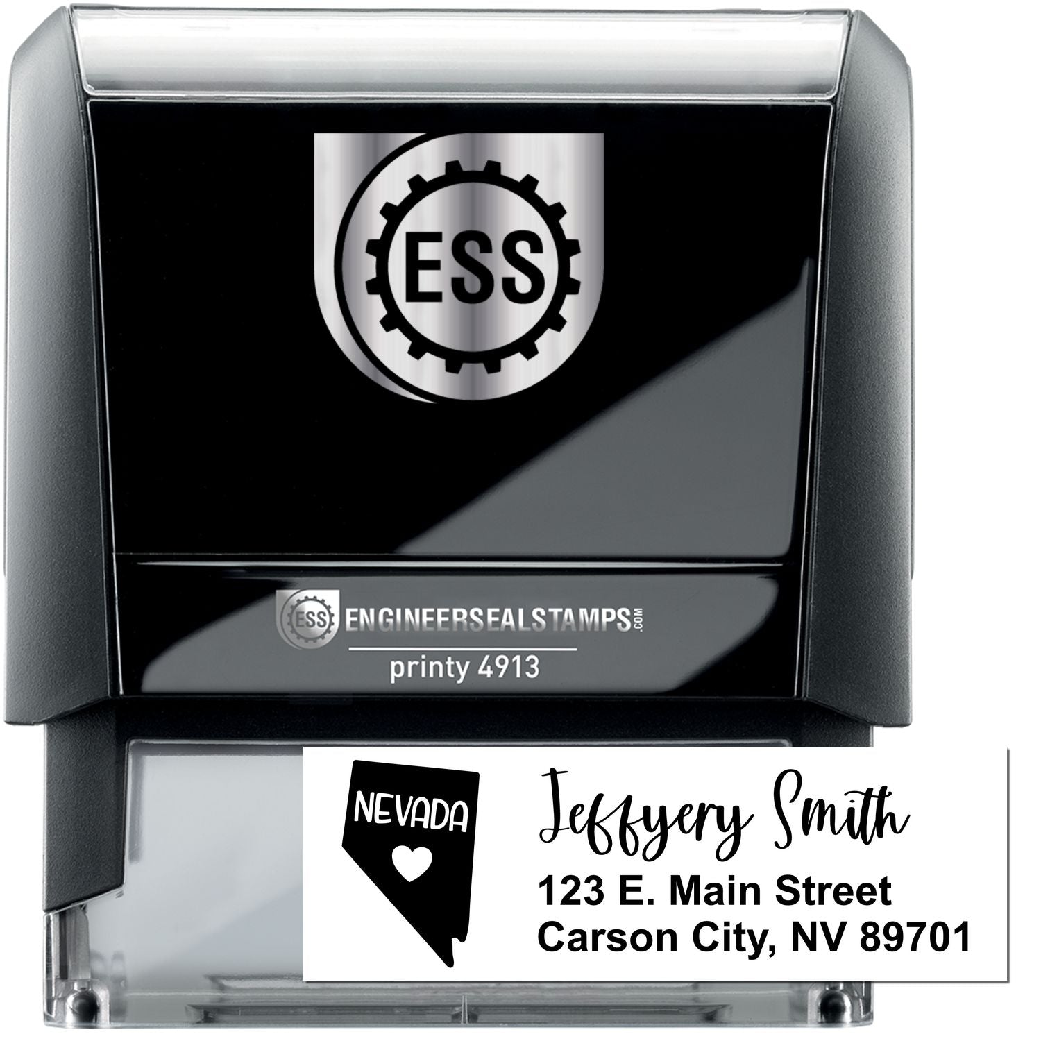 State Love of Nevada Custom Address Stamp Self-Inking, featuring a black casing with ESS logo. Sample address: Jeffery Smith, 123 E. Main Street, Carson City, NV 89701, with a Nevada heart icon.