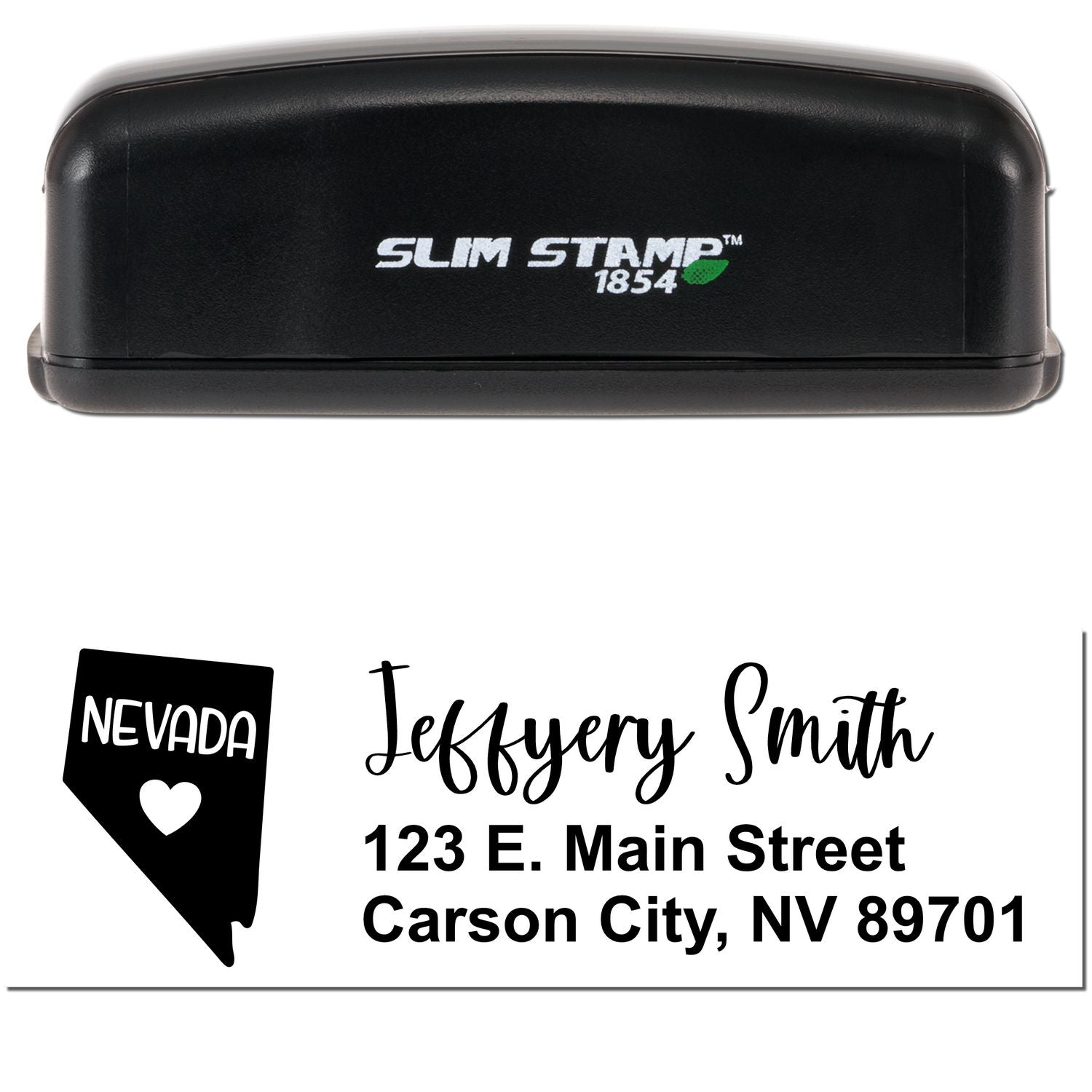 Slim Nevada Custom Address Stamp for Envelopes, featuring a sleek black design with Slim Stamp 1854 branding. Includes a sample address with a Nevada state outline and heart icon.