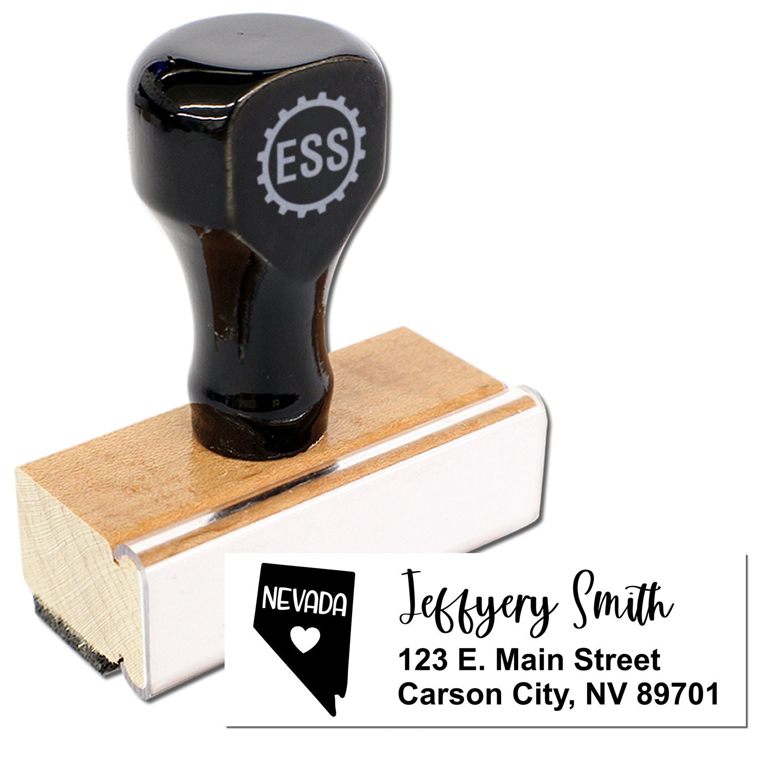 Nevada State Love Personalized Address Stamp with a wooden handle and black top. Features a Nevada state outline with a heart, and customizable address text. Perfect for personalizing mail.