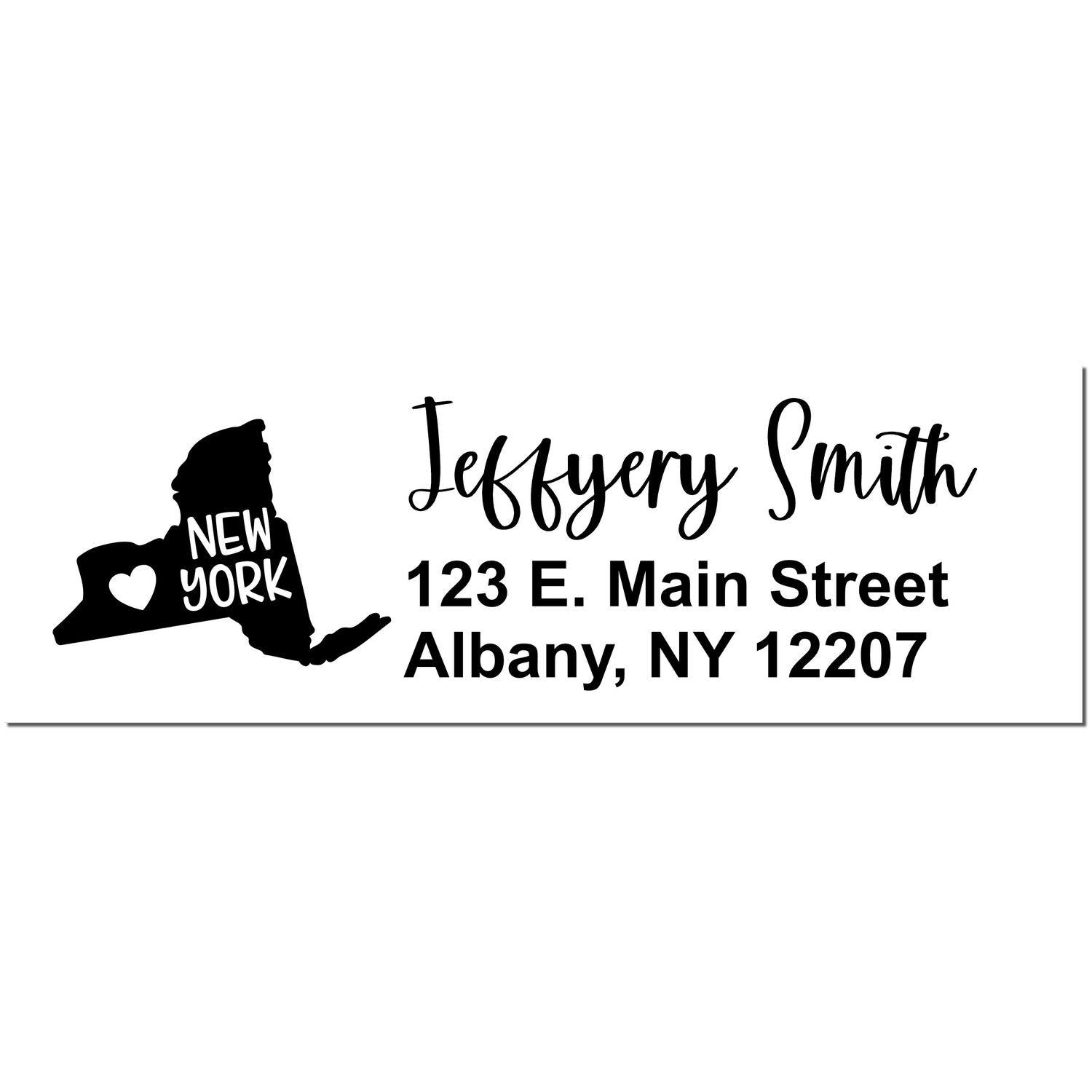 Slim New York Custom Address Stamp for Envelopes featuring a black outline of New York with a heart, personalized with Jeffery Smith, 123 E. Main Street, Albany, NY 12207 in elegant script.