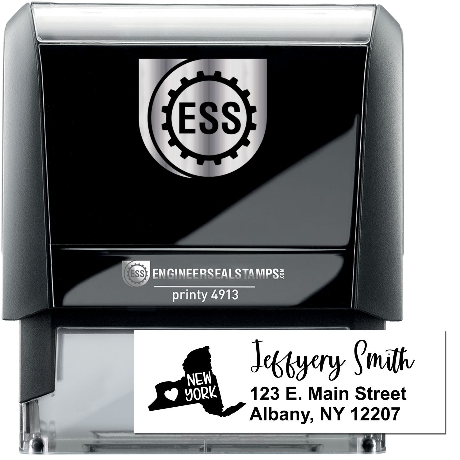 State Love of New York Custom Address Stamp Self-Inking, featuring a sleek black design with ESS logo. Includes personalized address: 123 E. Main Street, Albany, NY 12207 with a New York state graphic.