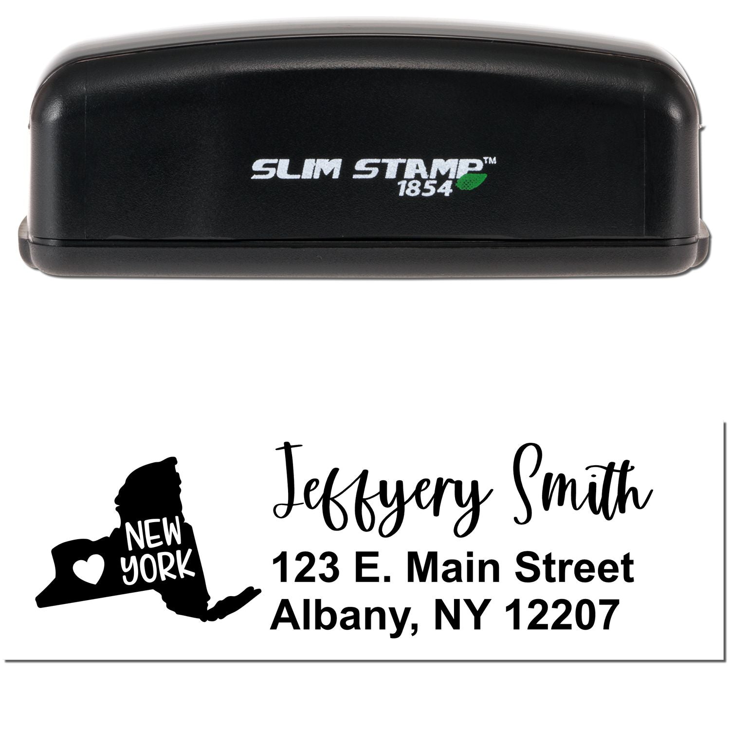 Slim New York Custom Address Stamp for Envelopes, featuring a sleek black design with Slim Stamp 1854 branding. Includes a sample address with a New York state outline and heart graphic.