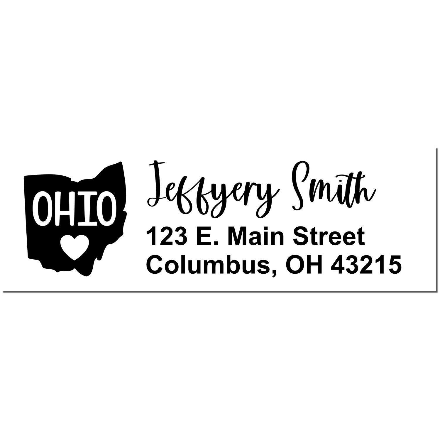 Ohio State Love Personalized Address Stamp featuring a heart in Ohio outline, with Jeffery Smith, 123 E. Main Street, Columbus, OH 43215 in elegant script. Perfect for personalizing mail.