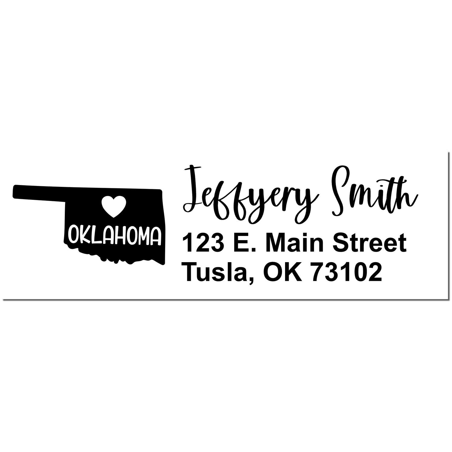 State Love of Oklahoma Custom Address Stamp Self-Inking with Oklahoma map, heart icon, and personalized address in black ink. Features name, street, city, and ZIP code in stylish font.