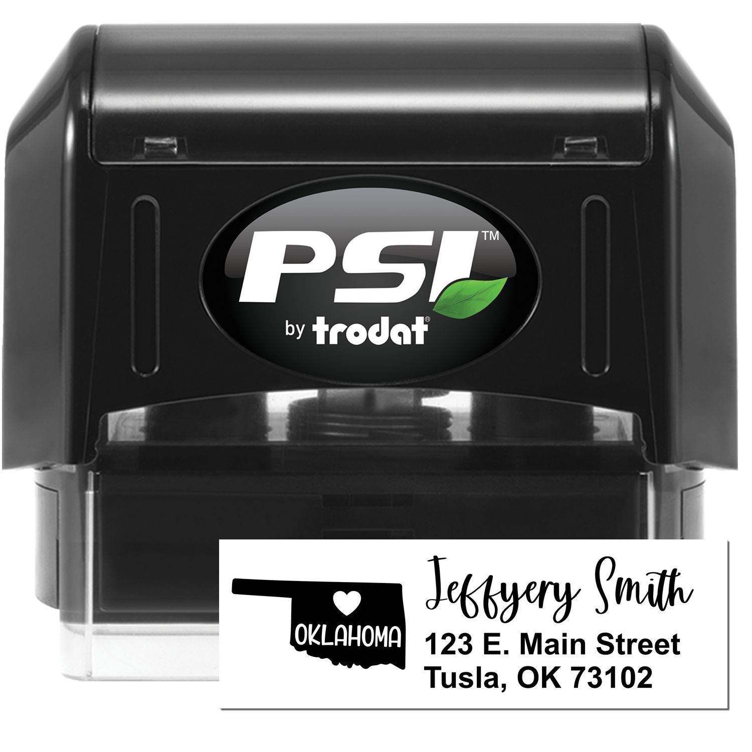 PSI Pre-Inked Oklahoma State Love Customized Address Stamp featuring a black casing and a sample imprint with a heart over Oklahoma, personalized with a name and address.