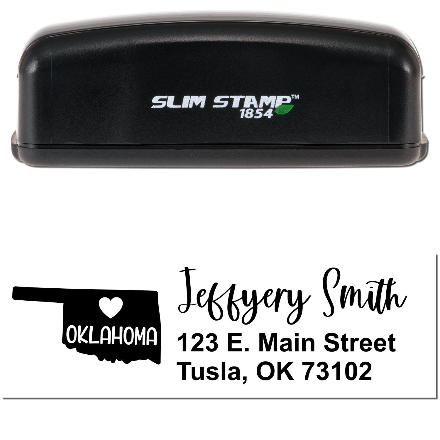 Image of a black Slim Oklahoma Custom Address Stamp for Envelopes, featuring a design with Oklahoma and a heart, alongside sample text: Jeffery Smith, 123 E. Main Street, Tulsa, OK 73102.