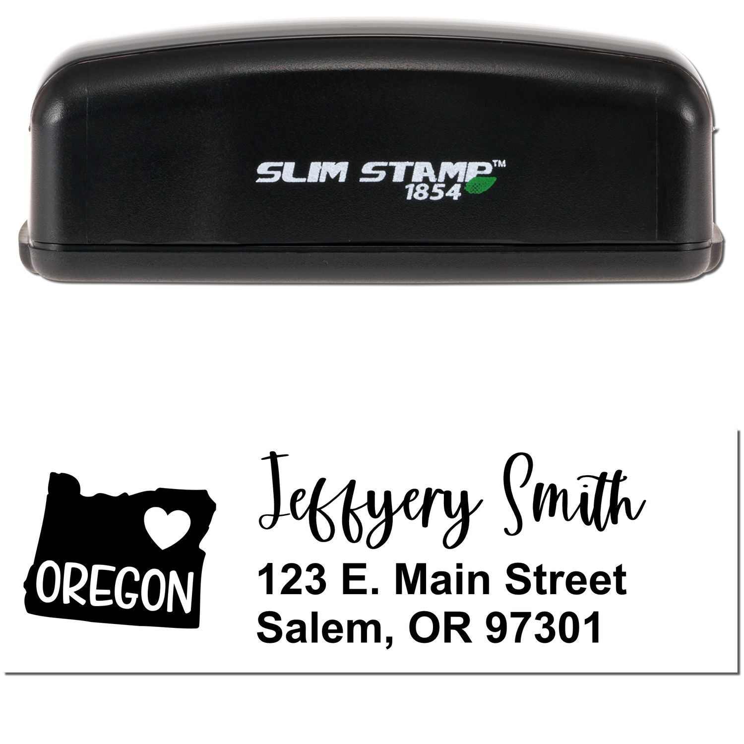 Slim Oregon Custom Address Stamp for Envelopes, featuring a black casing with Slim Stamp 1854 branding. Includes a sample address with a heart-shaped Oregon state outline.