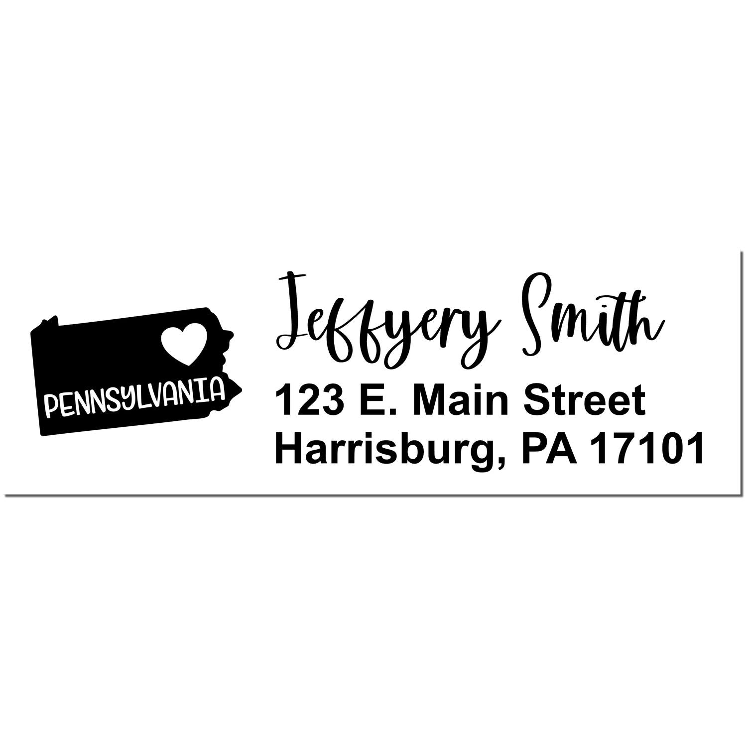 Slim Pennsylvania Custom Address Stamp for Envelopes featuring a heart in the state outline, personalized with 'Jeffery Smith, 123 E. Main Street, Harrisburg, PA 17101' in elegant script.