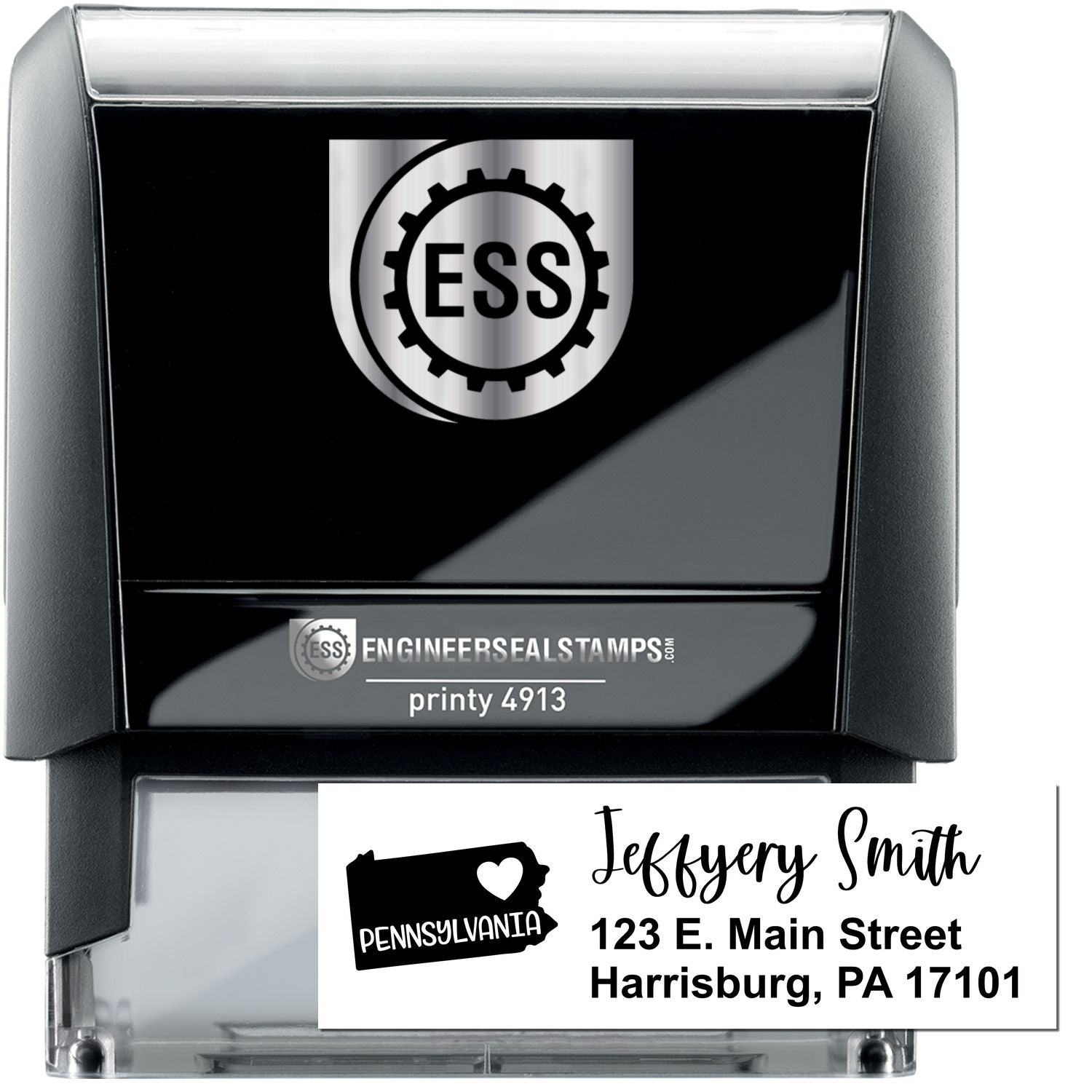 State Love of Pennsylvania Custom Address Stamp Self-Inking, featuring a sleek black design with ESS logo, personalized with Jeffery Smith, 123 E. Main Street, Harrisburg, PA 17101.