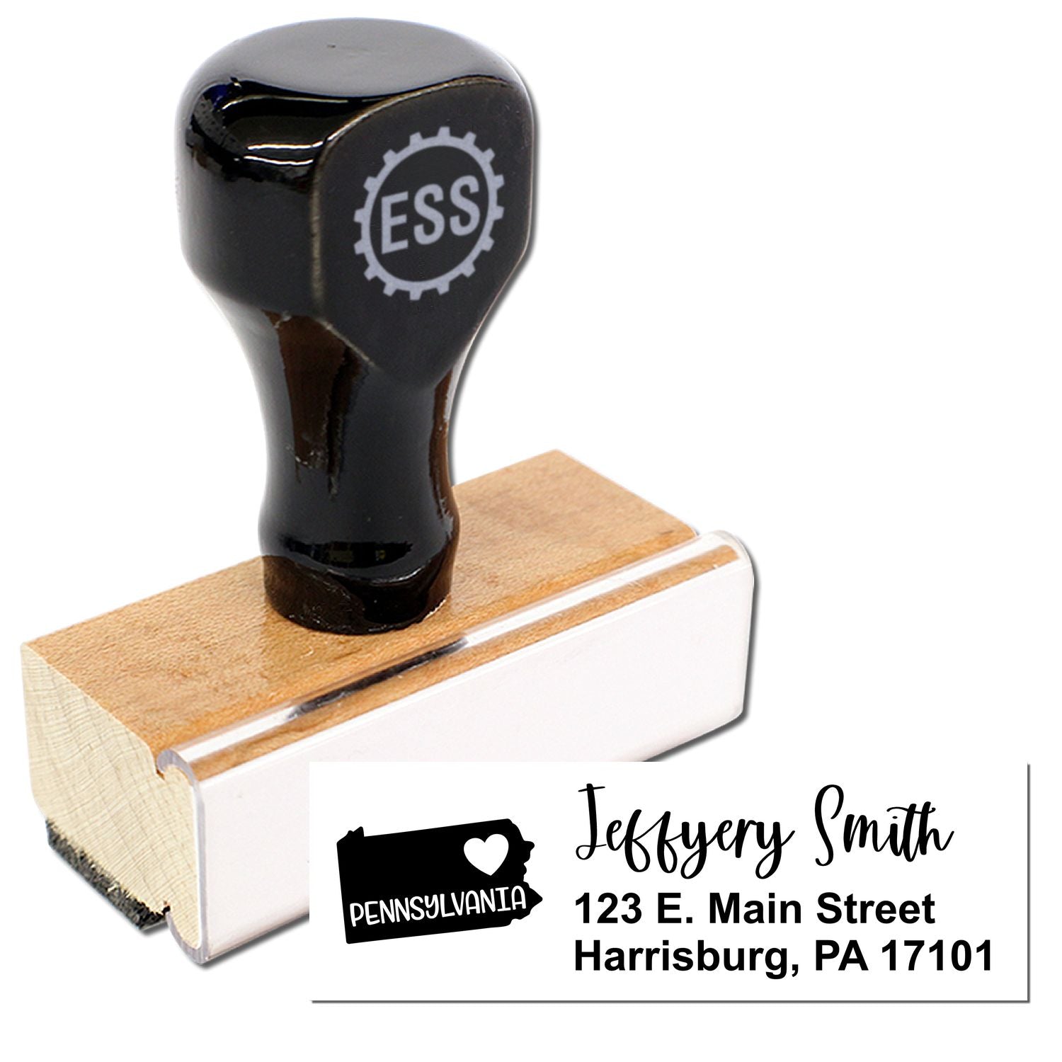 Image of a Pennsylvania State Love Personalized Address Stamp with a wooden handle and black top, featuring a sample address: Jeffery Smith, 123 E. Main Street, Harrisburg, PA 17101 on a white card.