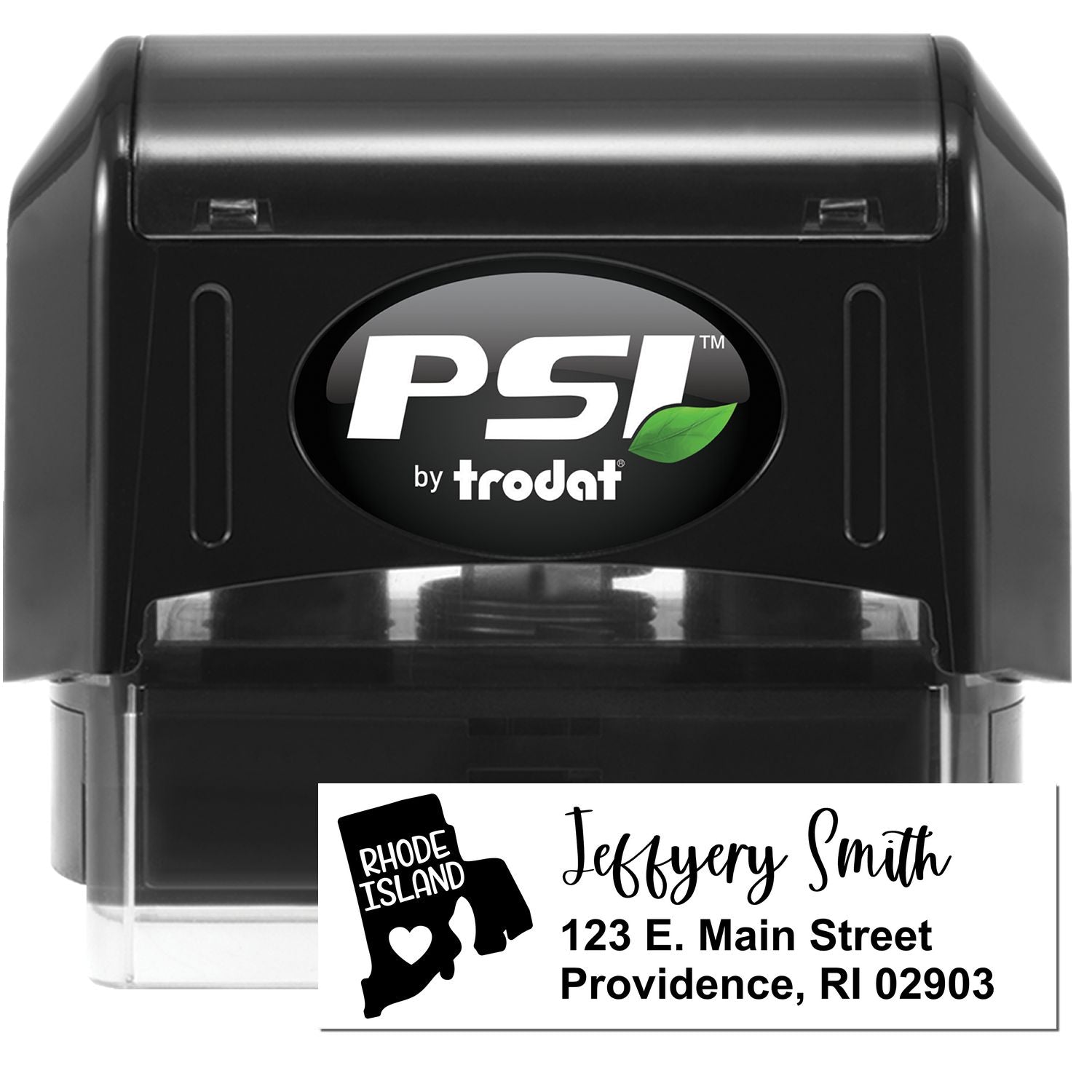 PSI Pre-Inked Rhode Island State Love Customized Address Stamp, featuring a black casing and a sample imprint with a Rhode Island map, personalized name, and address. Ideal for efficient mailing.