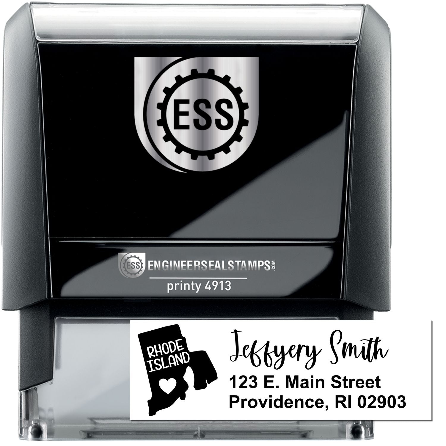 State Love of Rhode Island Custom Address Stamp Self-Inking, featuring a sleek black design with Rhode Island map and sample address: Jeffery Smith, 123 E. Main Street, Providence, RI 02903.