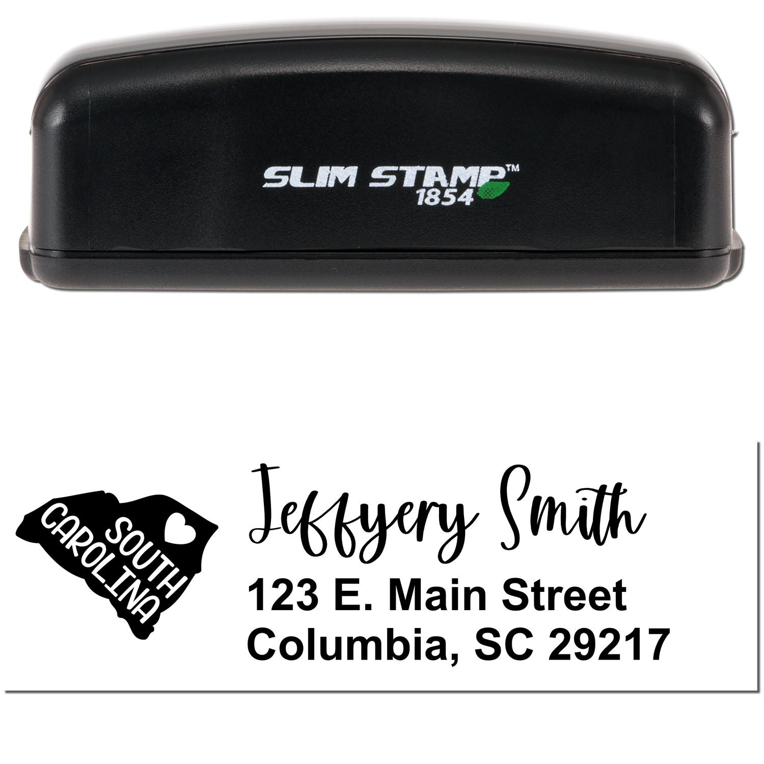 Slim South Carolina Custom Address Stamp for Envelopes, featuring a sleek black design with Slim Stamp 1854 branding, and a sample address: 123 E. Main Street, Columbia, SC 29217.