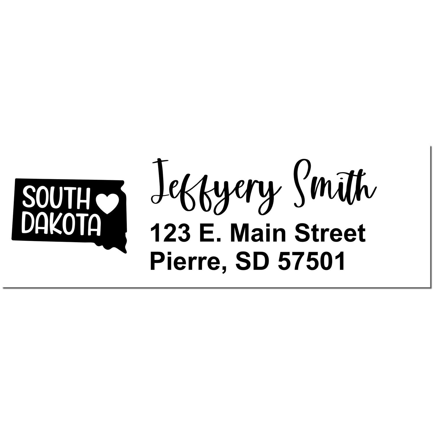 Slim South Dakota Custom Address Stamp for Envelopes featuring a heart design, personalized with Jeffery Smith, 123 E. Main Street, Pierre, SD 57501 in elegant script.