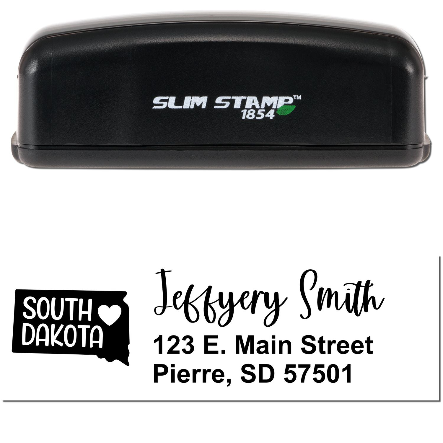 Image of a Slim South Dakota Custom Address Stamp for Envelopes, featuring a black casing and a sample imprint with the text Jeffery Smith, 123 E. Main Street, Pierre, SD 57501 and a South Dakota logo.