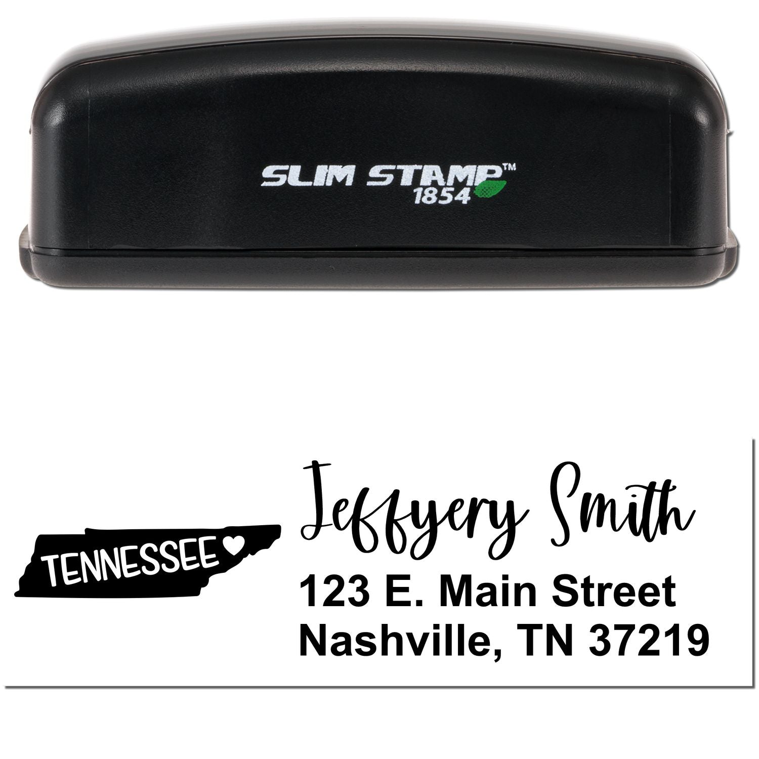 Slim Tennessee Custom Address Stamp for Envelopes, featuring a sleek black design with Slim Stamp 1854 branding. Includes a sample address with a Tennessee state outline and heart.