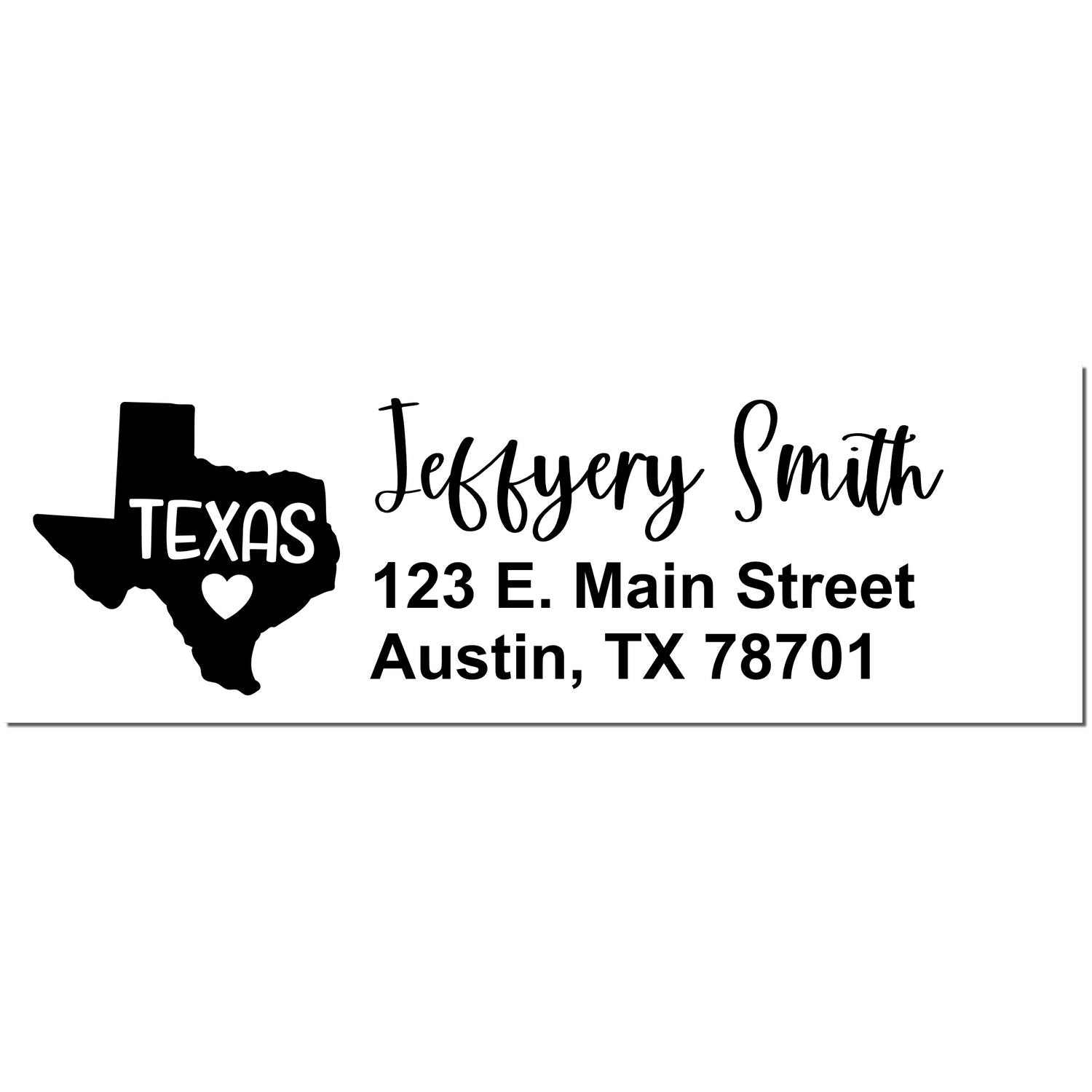 State Love of Texas Custom Address Stamp Self-Inking featuring a Texas outline with heart, personalized with 'Jeffery Smith, 123 E. Main Street, Austin, TX 78701' in elegant script.