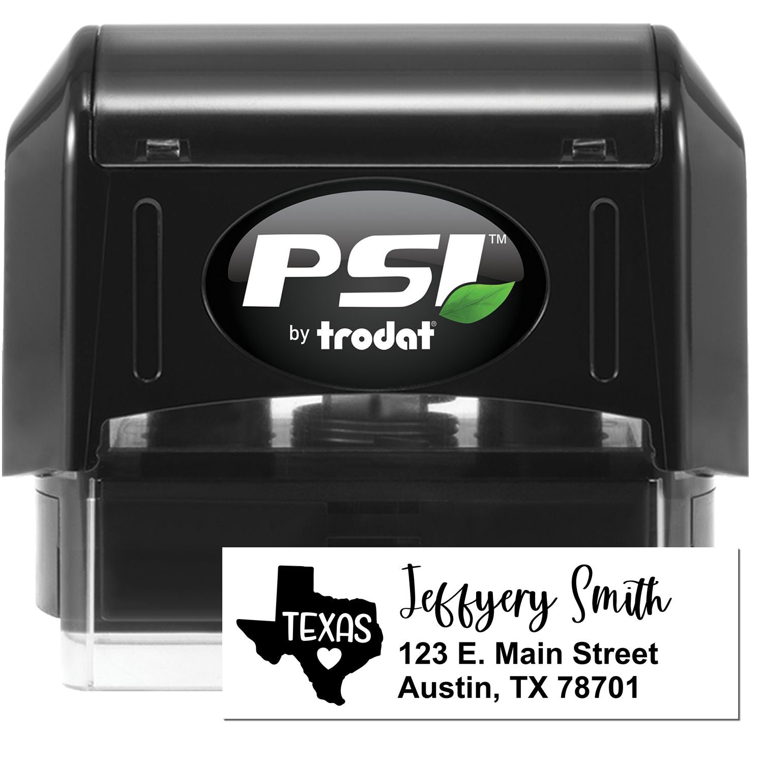 PSI Pre-Inked Texas State Love Customized Address Stamp featuring a black casing with a Texas map design and personalized address. Ideal for adding a personal touch to mail and documents.