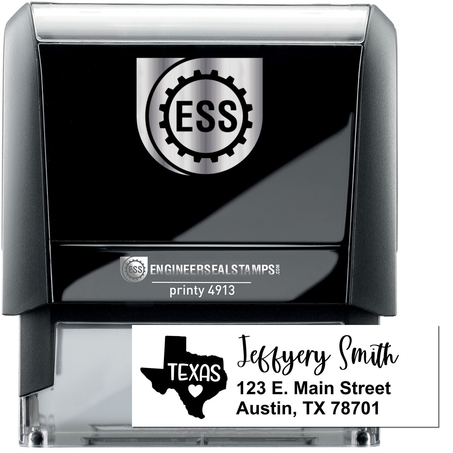 State Love of Texas Custom Address Stamp Self-Inking, featuring a Texas outline with a heart, personalized with Jeffery Smith, 123 E. Main Street, Austin, TX 78701 in black ink.