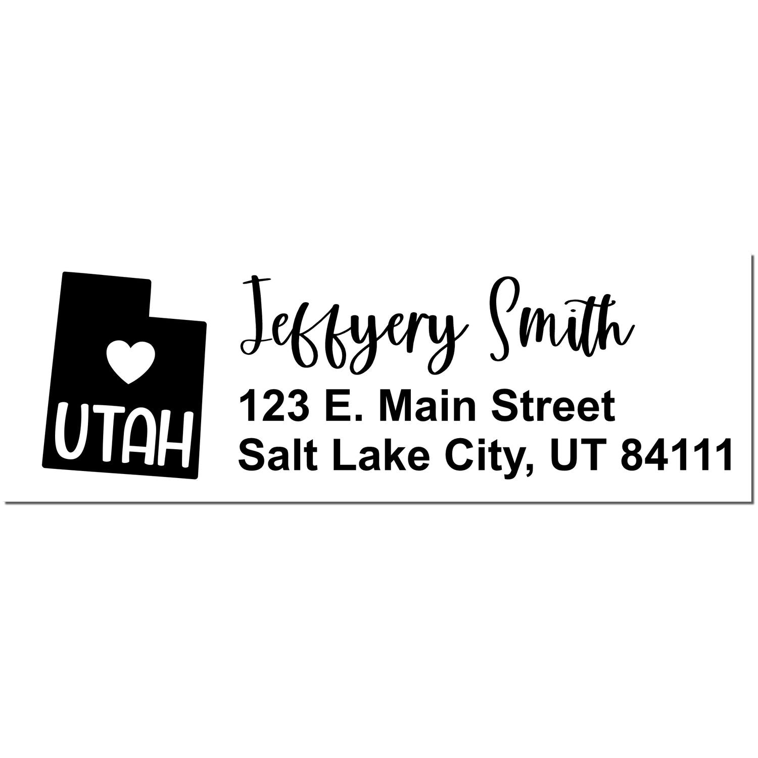 Utah State Love Personalized Address Stamp featuring a heart and 'UTAH' design. Custom text reads 'Jeffery Smith, 123 E. Main Street, Salt Lake City, UT 84111' in stylish font.