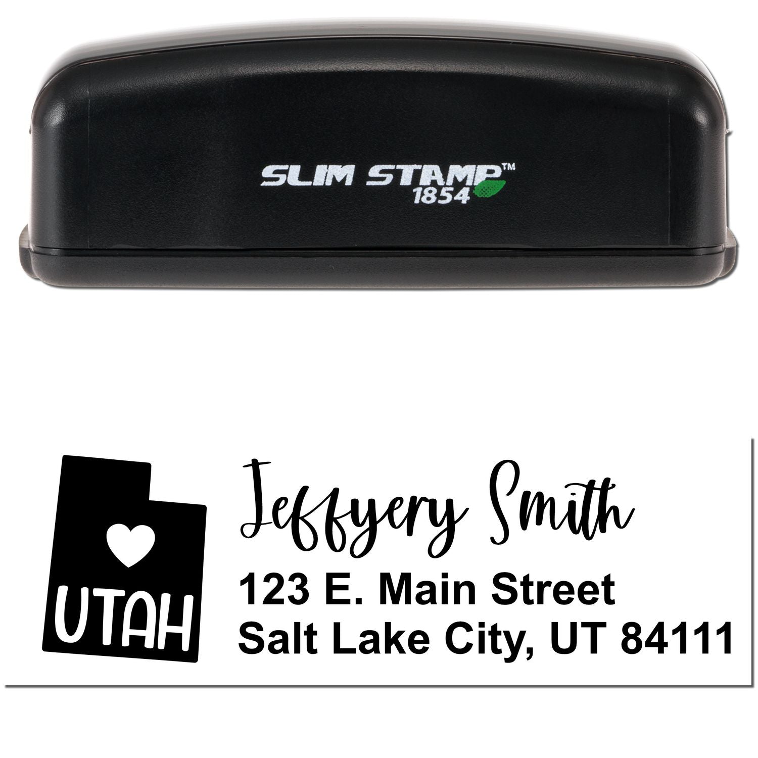 Image of a Slim Utah Custom Address Stamp for Envelopes, featuring a black stamp case and a sample address with a heart and Utah state outline.