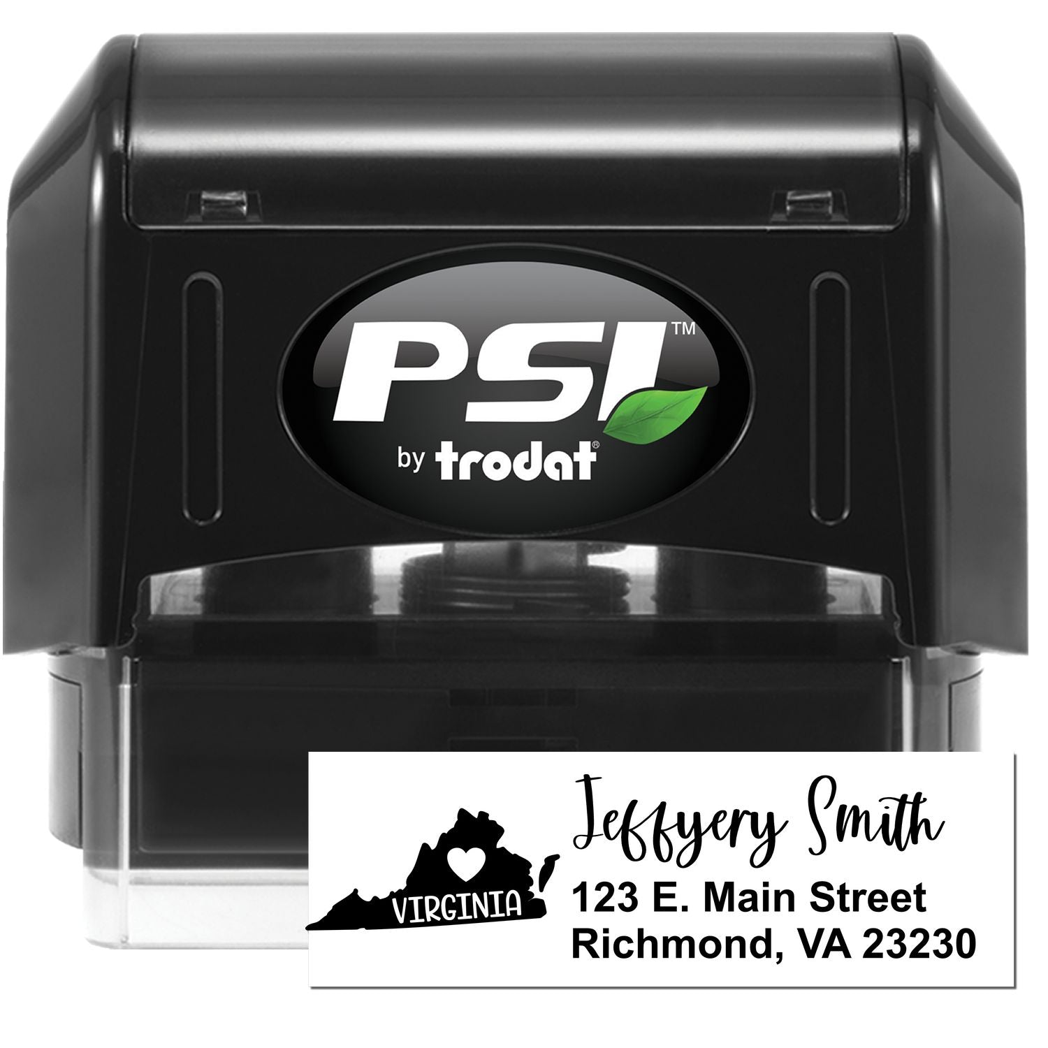 PSI Pre-Inked Virginia State Love Customized Address Stamp featuring a sleek black design with a sample address and Virginia state outline. Perfect for personalized mailings.