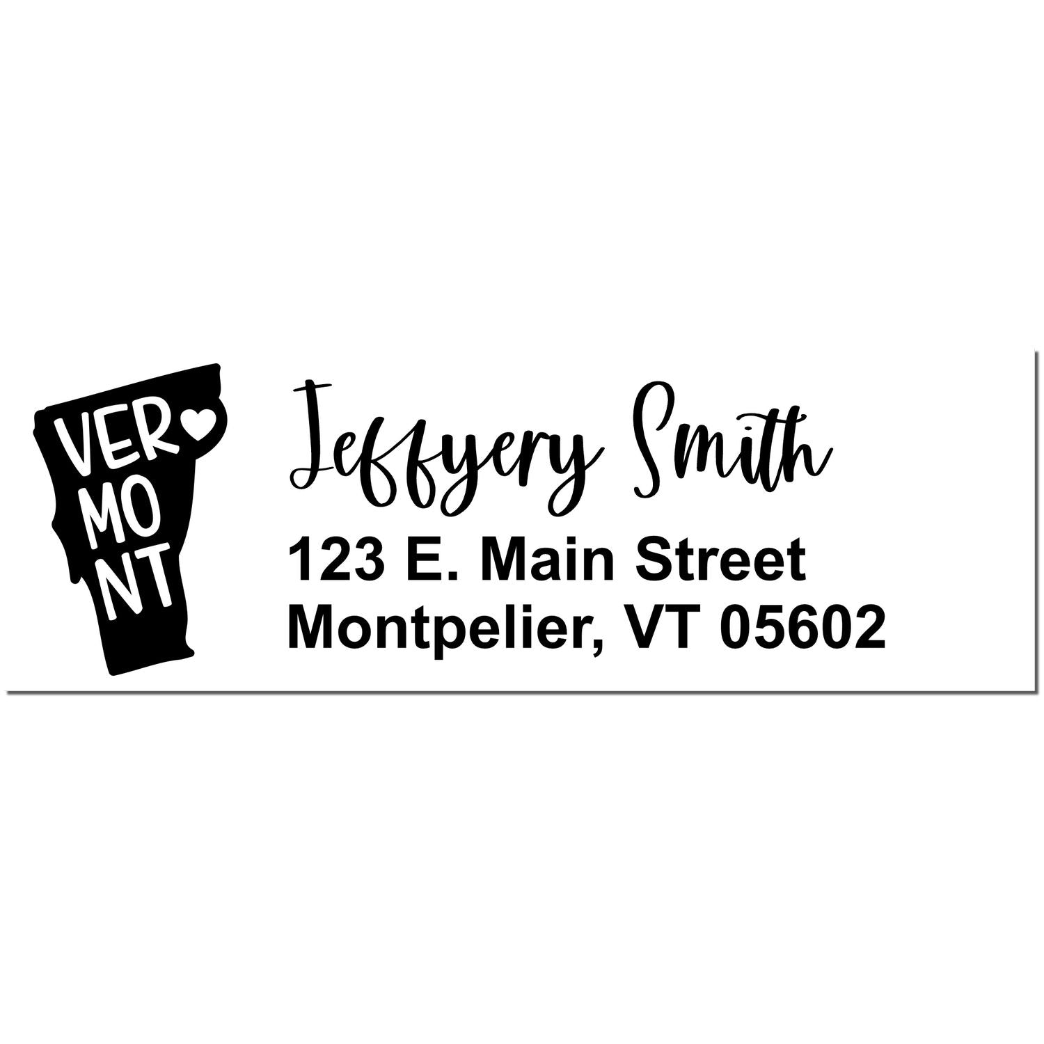 Vermont State Love Personalized Address Stamp featuring a Vermont silhouette with a heart, personalized with 'Jeffery Smith, 123 E. Main Street, Montpelier, VT 05602' in elegant script.