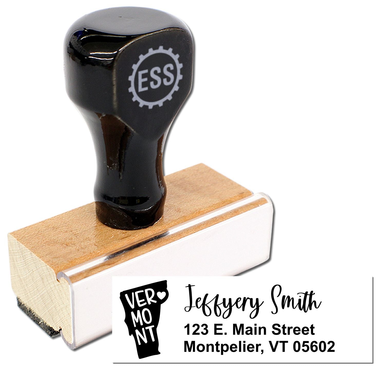 Image of a Vermont State Love Personalized Address Stamp with a wooden handle and black top, featuring a sample address: Jeffery Smith, 123 E. Main Street, Montpelier, VT 05602.