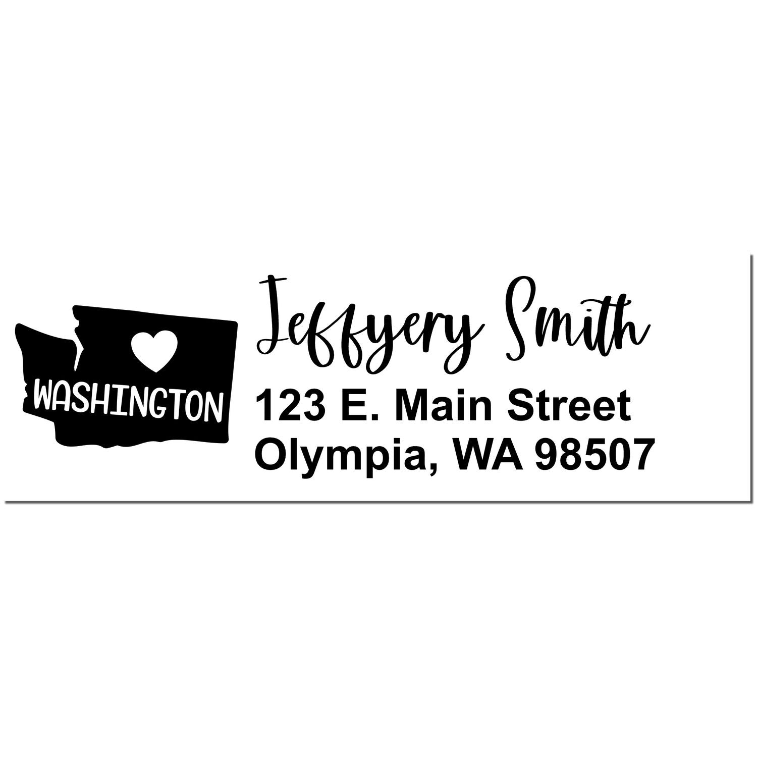 Washington State Love Personalized Address Stamp featuring a heart over Washington map, with custom name and address: Jeffery Smith, 123 E. Main Street, Olympia, WA 98507.