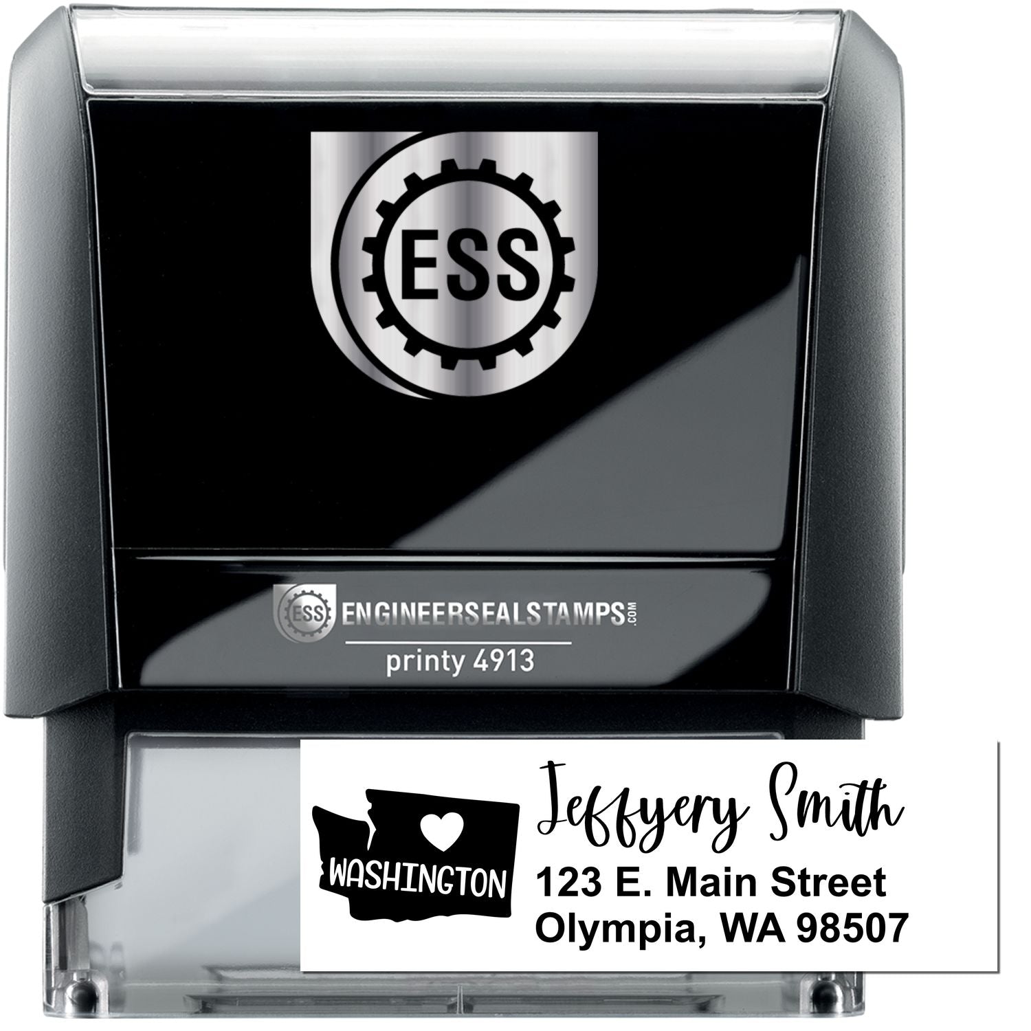 State Love of Washington Custom Address Stamp Self-Inking, featuring a black casing with ESS logo, and a sample address: Jeffery Smith, 123 E. Main Street, Olympia, WA 98507.