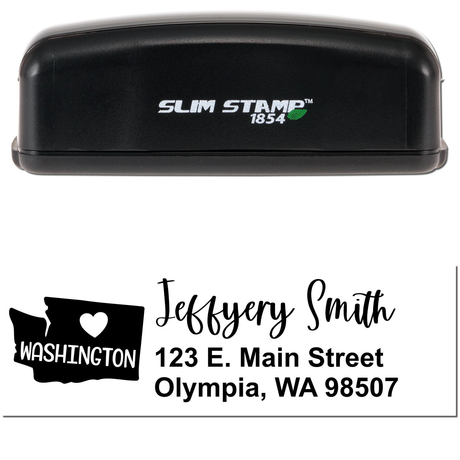 Image of the Slim Washington Custom Address Stamp for Envelopes, featuring a black stamp case and an example address with a heart and Washington state graphic.