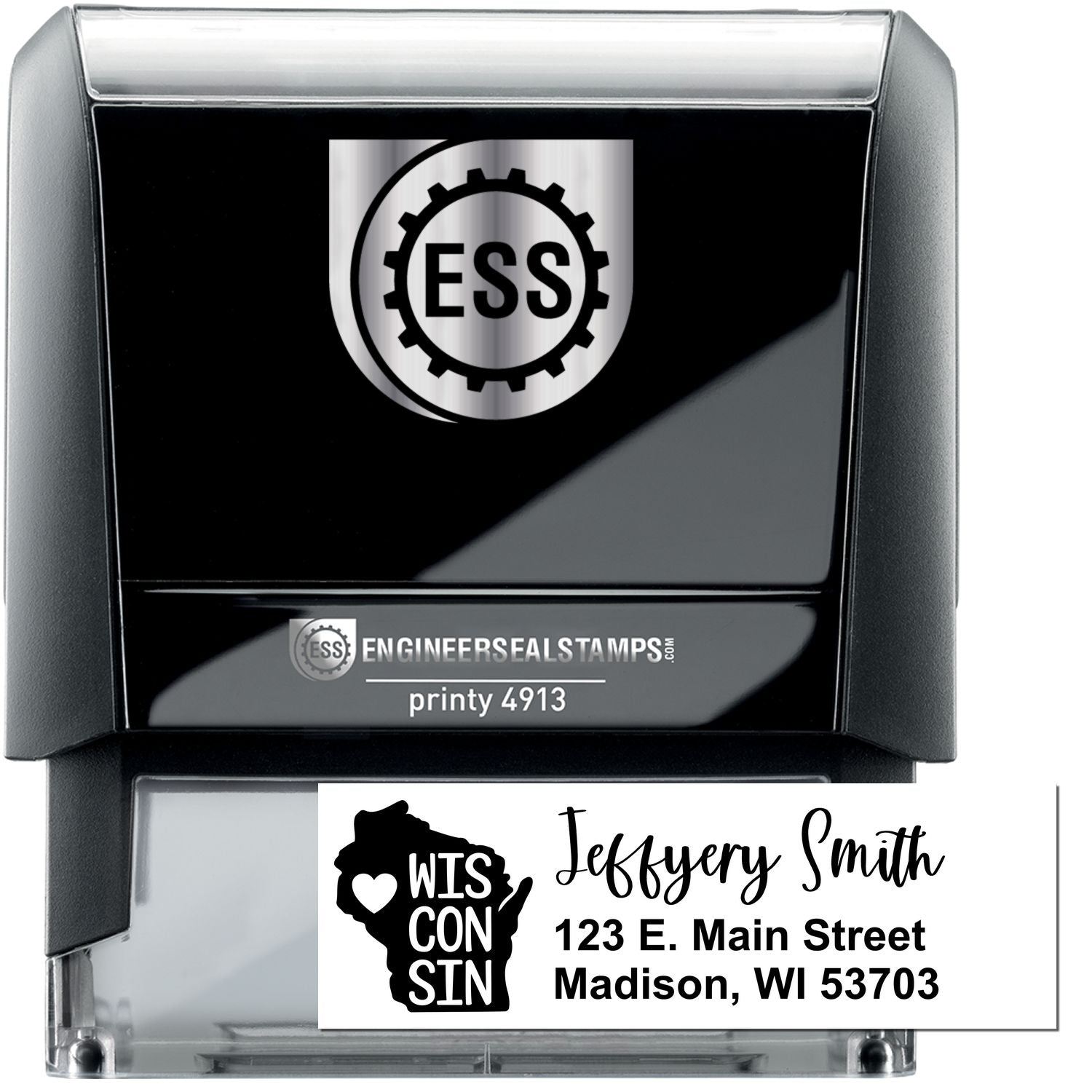 State Love of Wisconsin Custom Address Stamp Self-Inking, featuring a black design with WISCONSIN and a heart, personalized with Jeffery Smith, 123 E. Main Street, Madison, WI 53703.