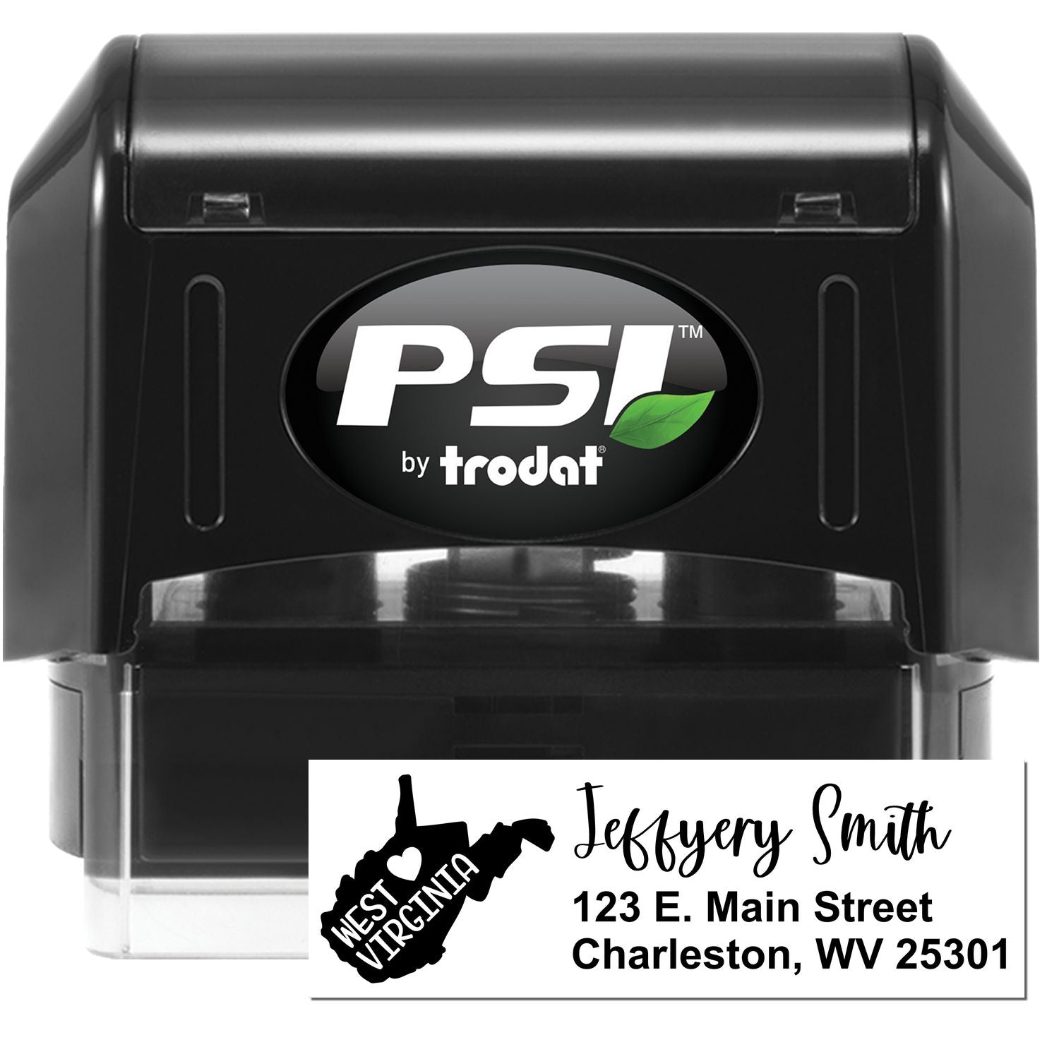 PSI Pre-Inked West Virginia State Love Customized Address Stamp featuring a black casing with a sample address imprint, showcasing the state outline and personalized text.