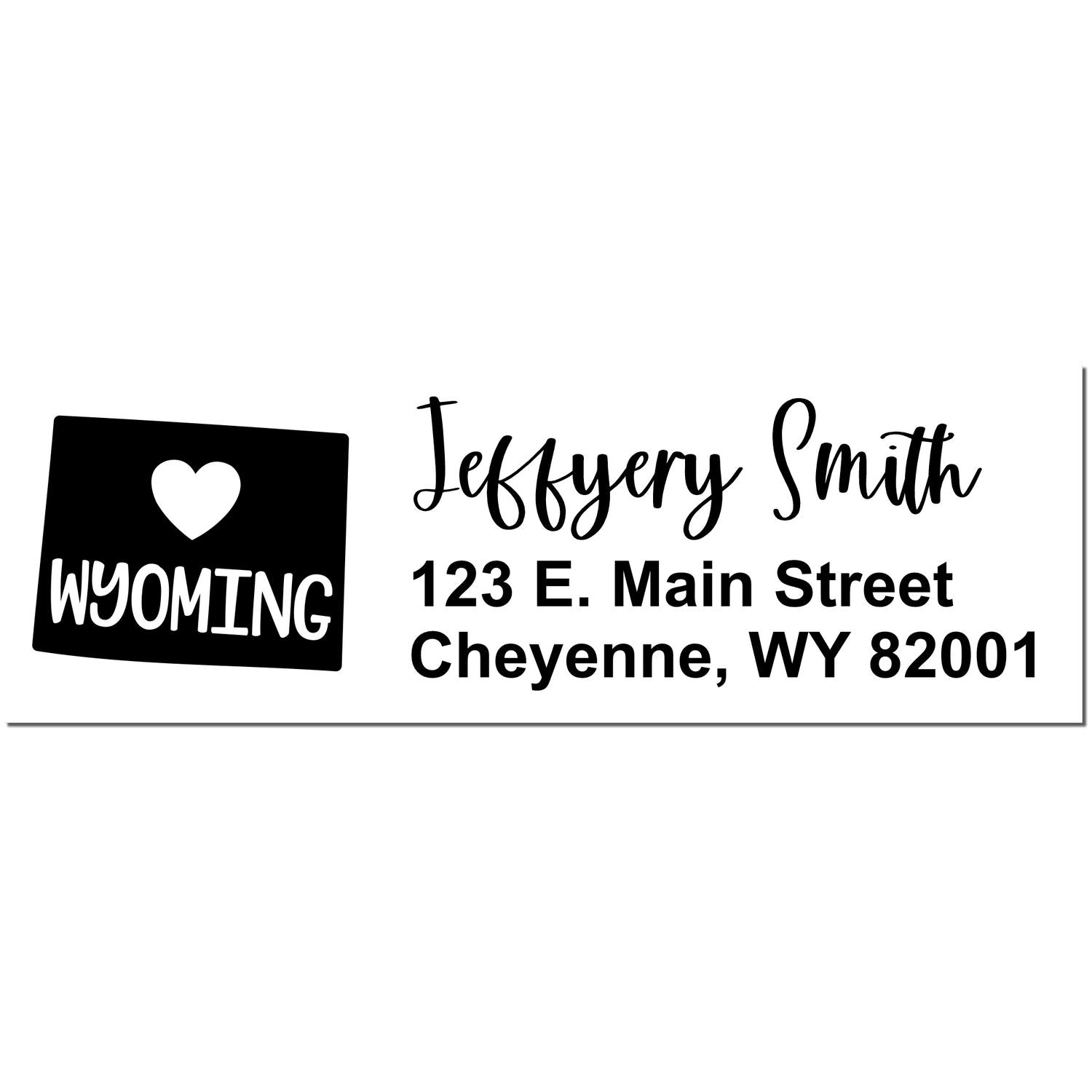 Wyoming State Love Personalized Address Stamp featuring a heart and Wyoming text, with customizable name and address fields in a stylish font.