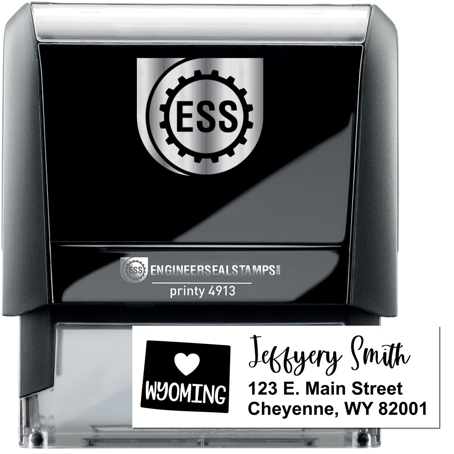 State Love of Wyoming Custom Address Stamp Self-Inking, featuring a heart and state outline design, with personalized address for Jeffery Smith, 123 E. Main Street, Cheyenne, WY 82001.