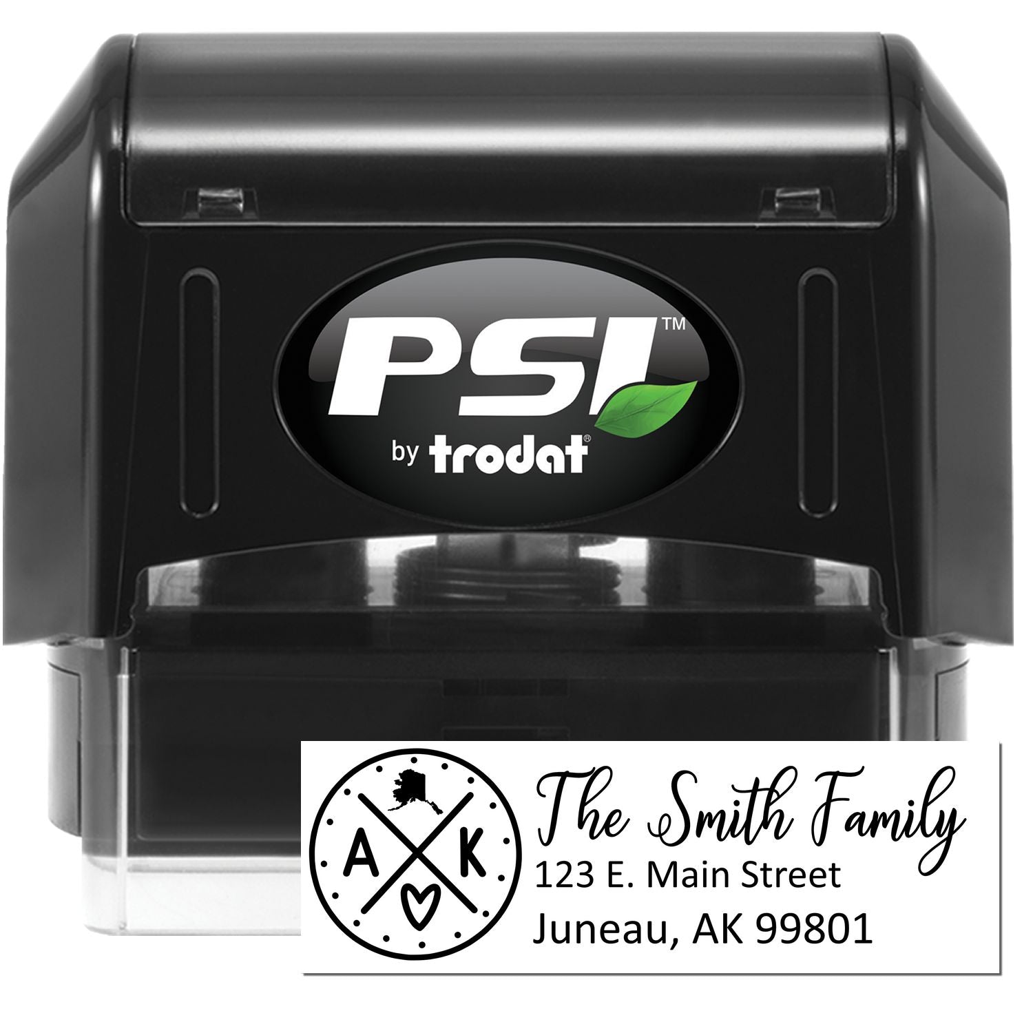 PSI Pre-Inked Alaska State Pride Customized Address Stamp featuring a black casing and personalized address design with Alaska state icon.