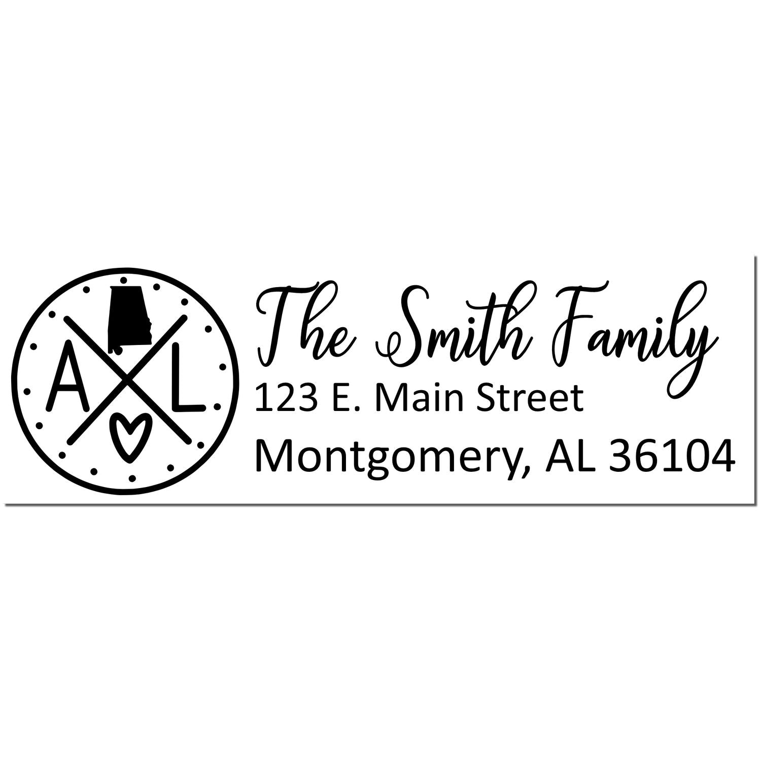 Self-Inking State Love of Alabama Custom Address Stamp featuring a circular design with Alabama outline, heart, and personalized address for the Smith Family in Montgomery, AL.