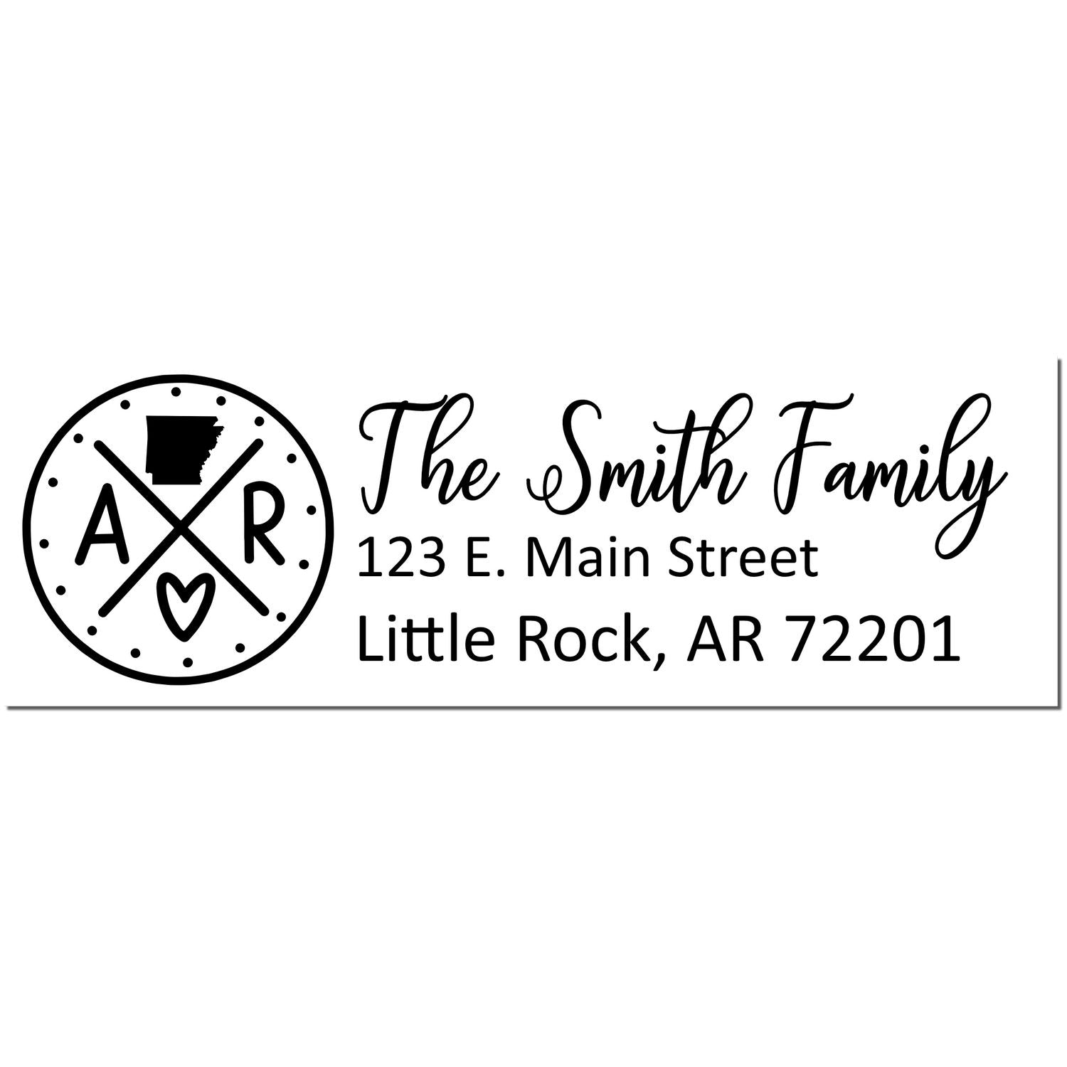 Slim Arkansas Customized Pre-Inked Address Stamp featuring a stylish design with The Smith Family, address, and a circular AR logo with a heart. Perfect for personalizing mail with ease.