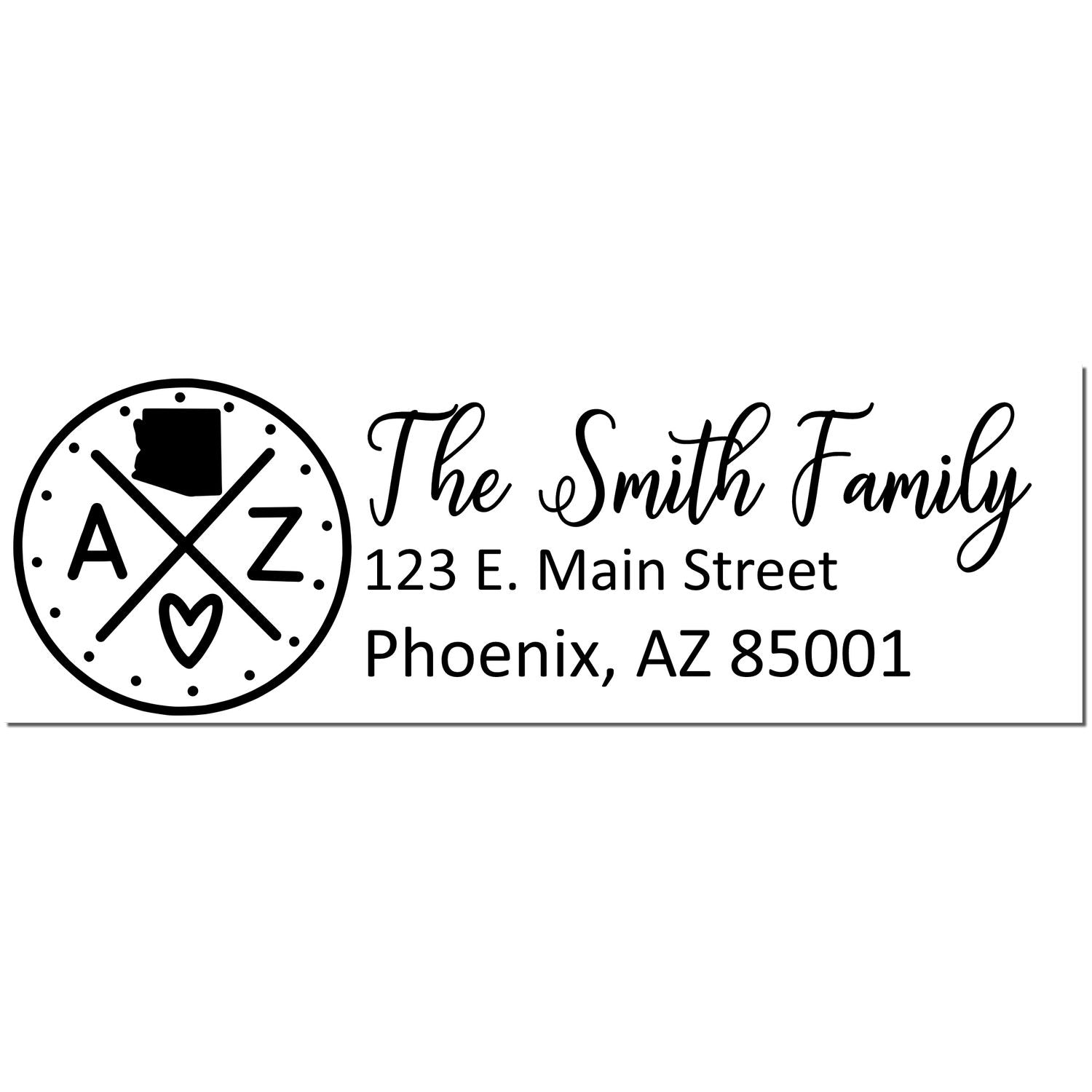 Arizona State Pride Customized Address Stamp featuring a circular design with 'AZ', a heart, and state outline. Personalized with 'The Smith Family', address in Phoenix, AZ 85001.