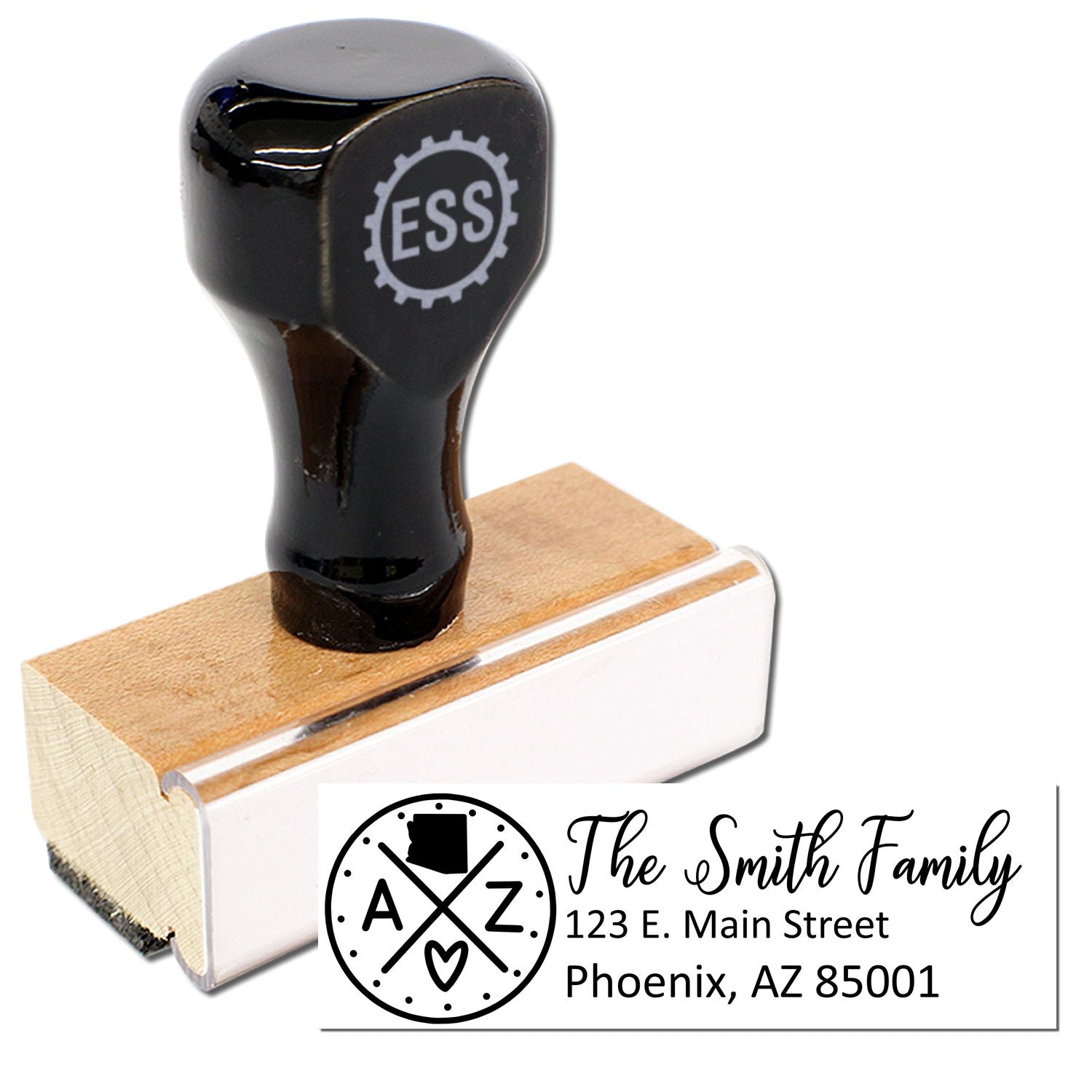 Arizona State Pride Customized Address Stamp with a wooden base and black handle. Features The Smith Family and an address in Phoenix, AZ. Stylish design with state-themed elements.